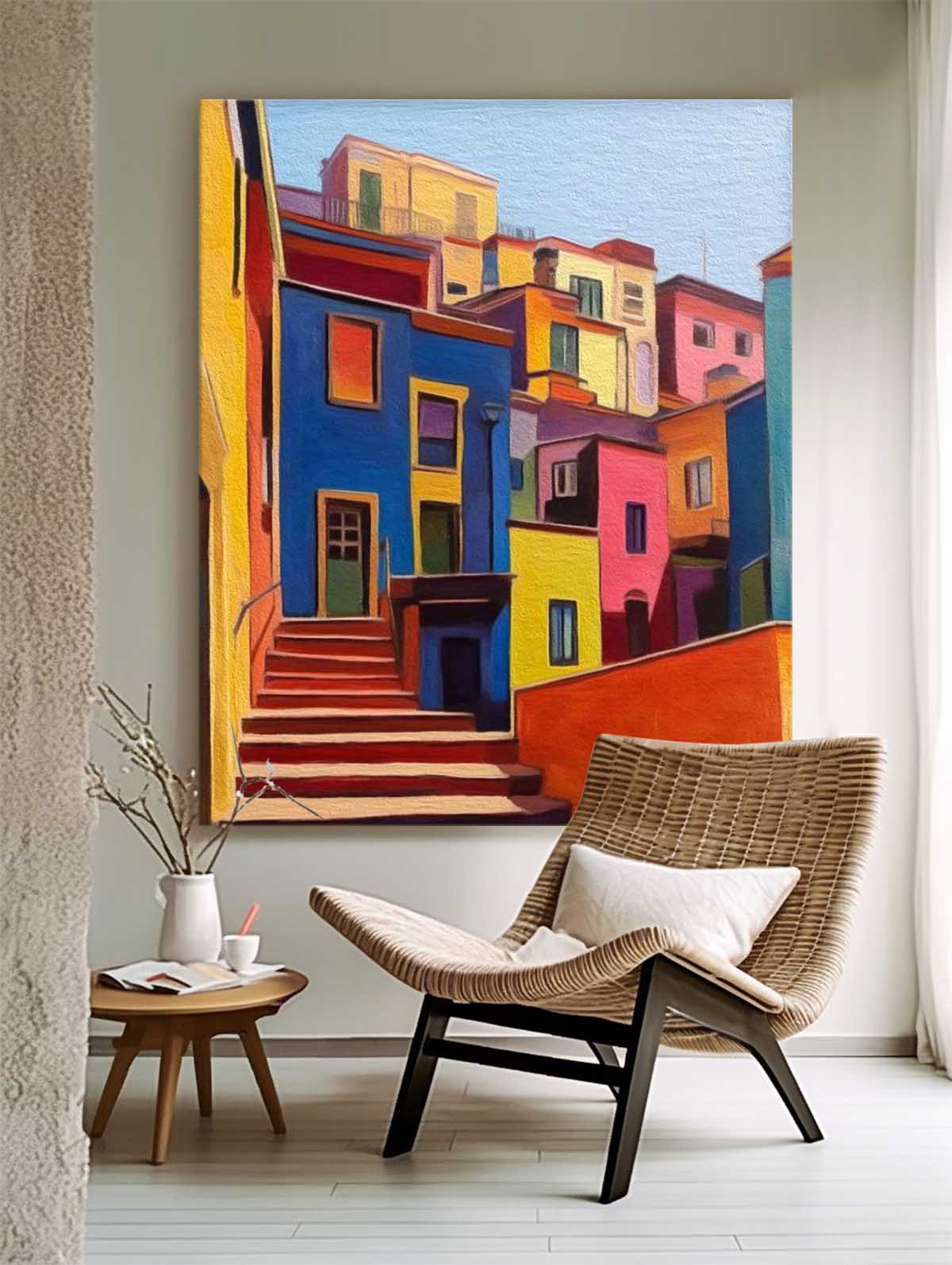 Wall Art Architecture Colorful Hillside Town