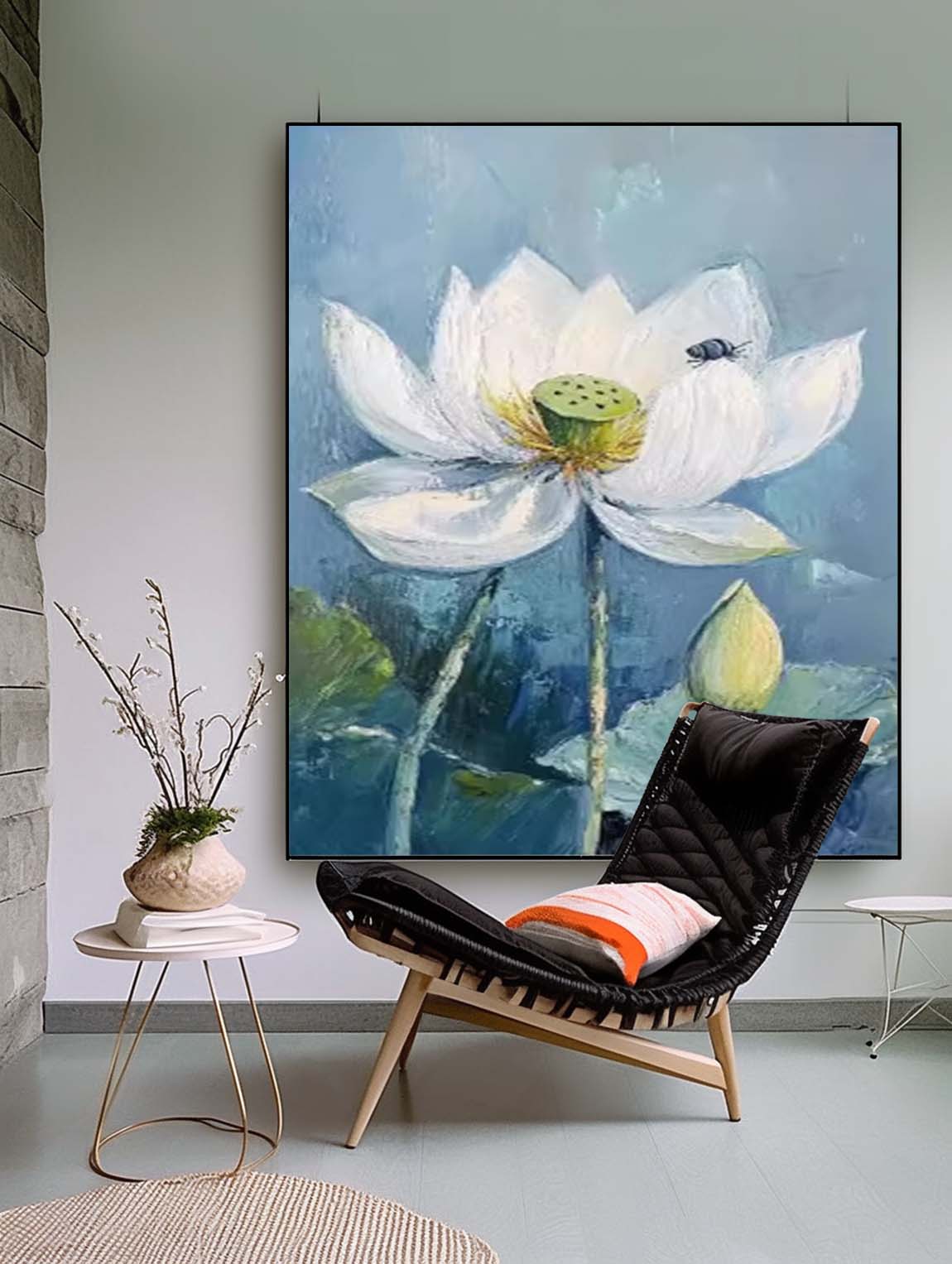 Serene White Lotus Oil Painting With Bee Accent
