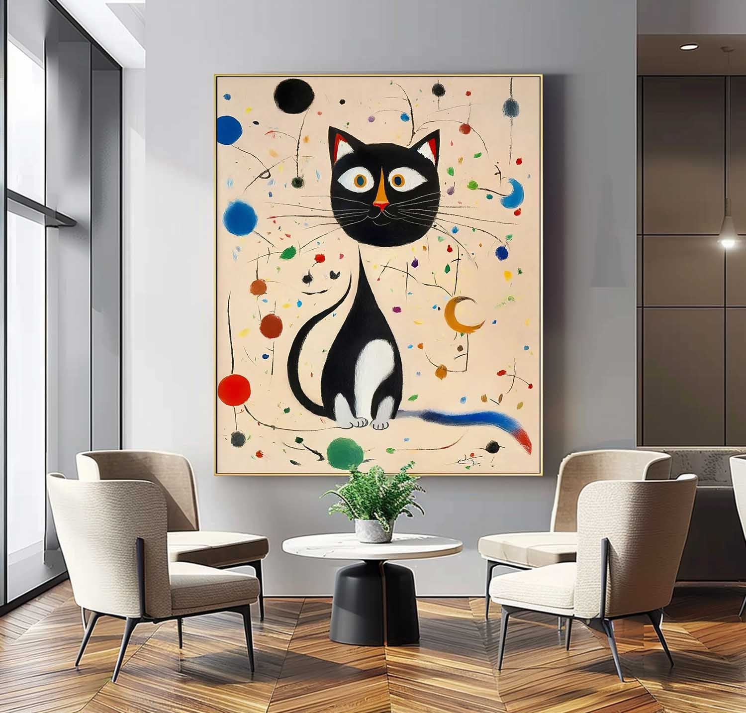 Surrealist Cat Painting Playful Black White