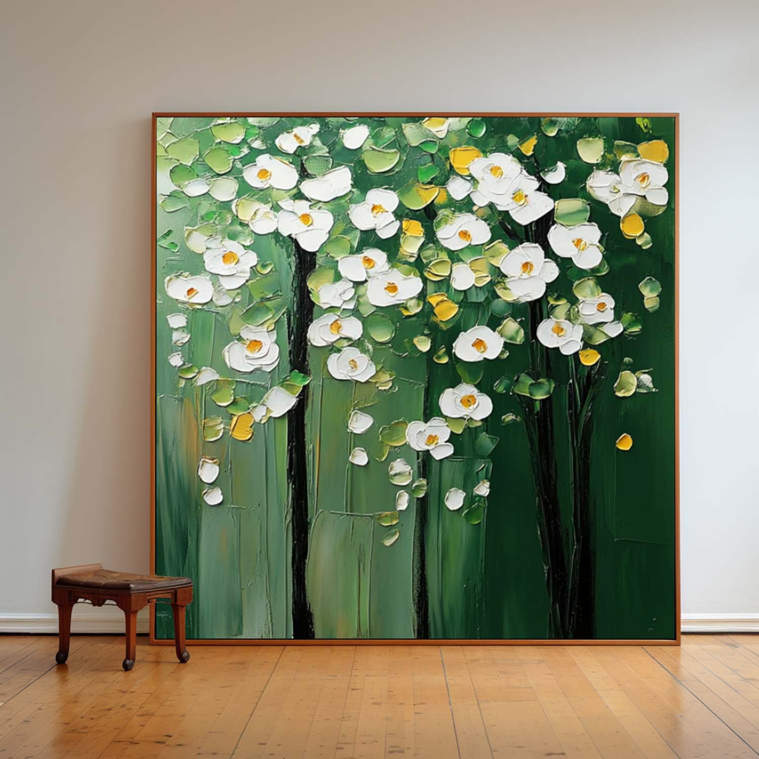Textured Floral Tree Oil Painting White Flowers Green