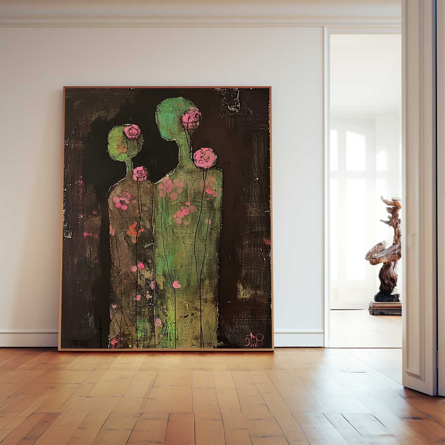 Wall Art Stylized Human Silhouette Pink Rose