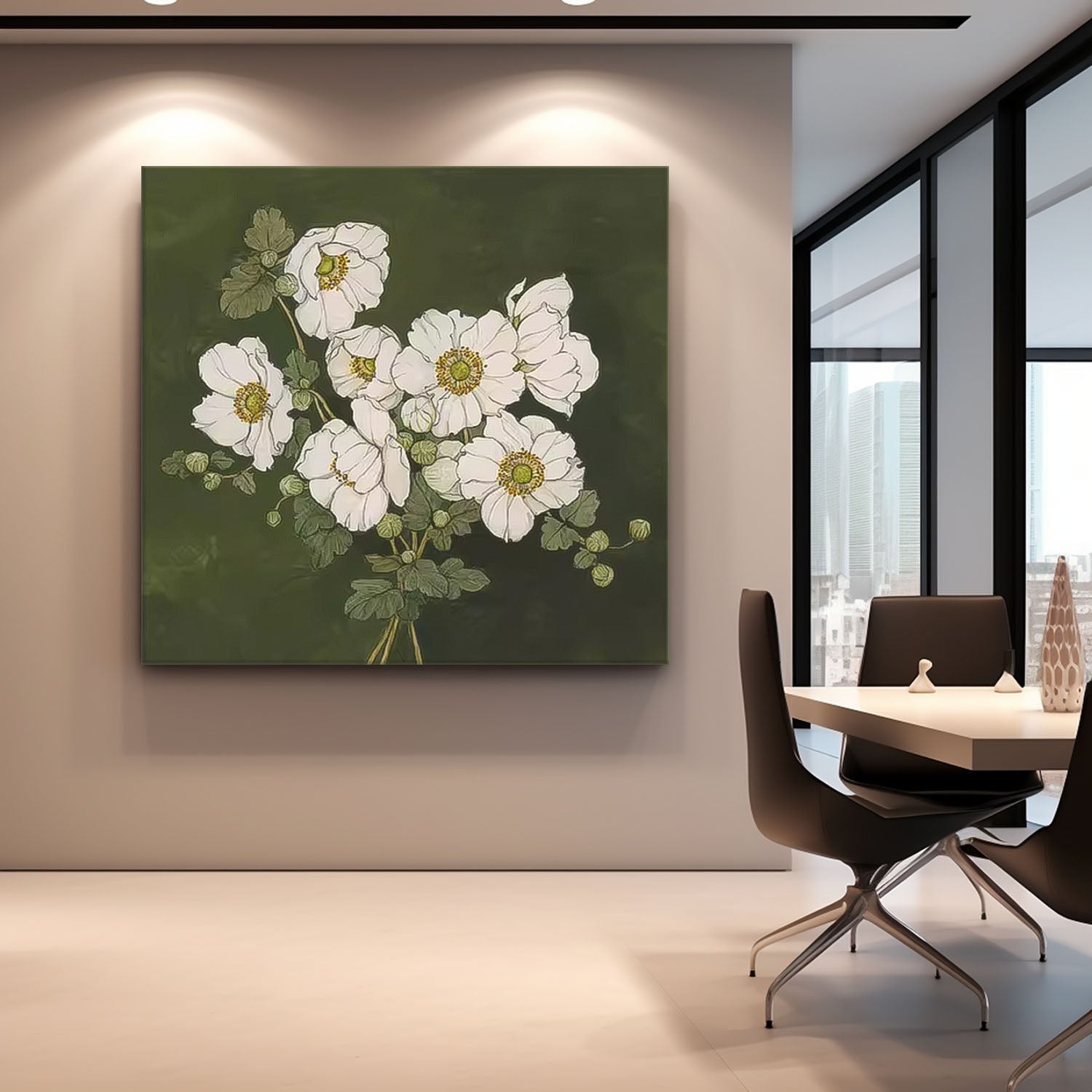 Moody Dark Green White Floral Wall Art