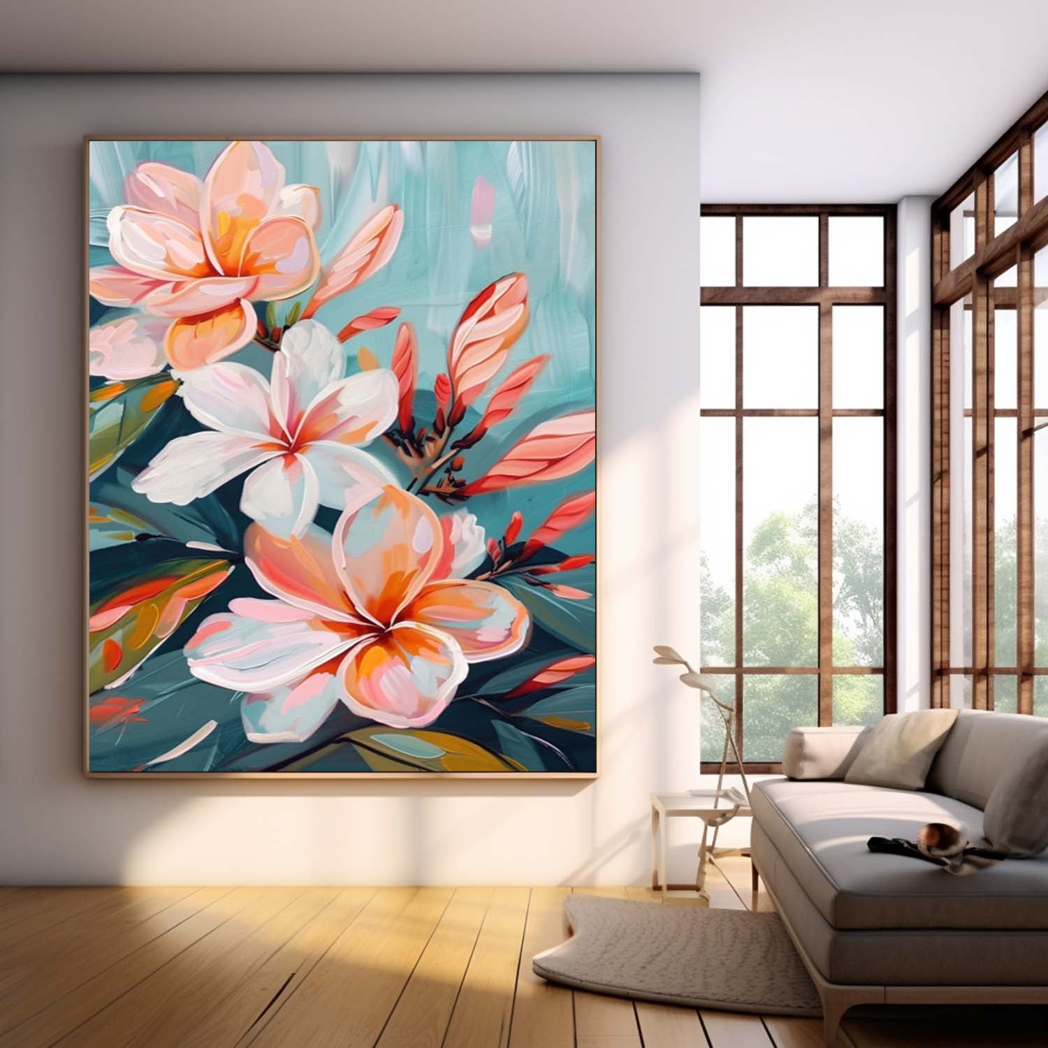 Tropical Plumeria Floral Oil Painting Soft Teal