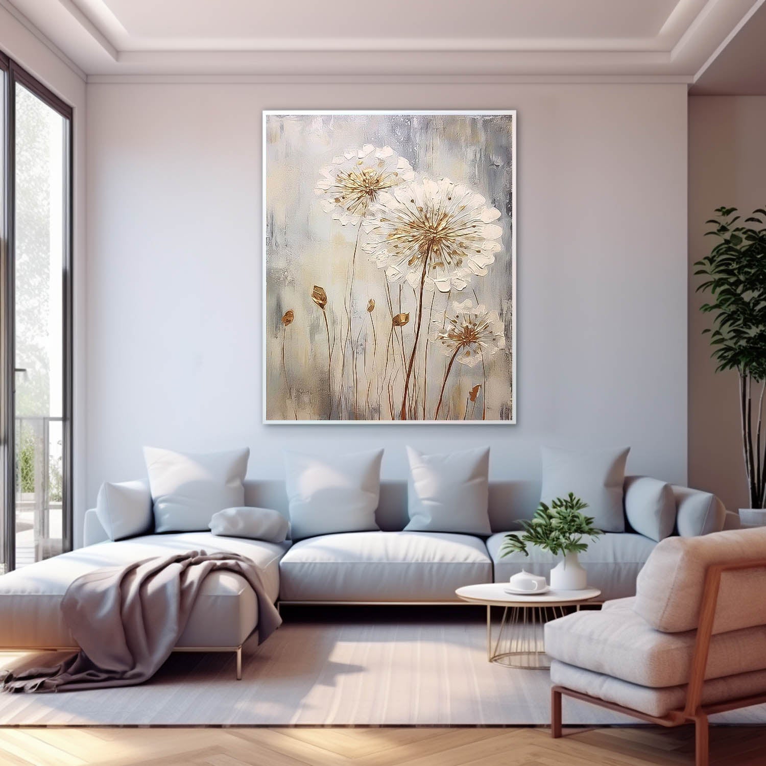 Wall Art Impasto White Golden Dandelion