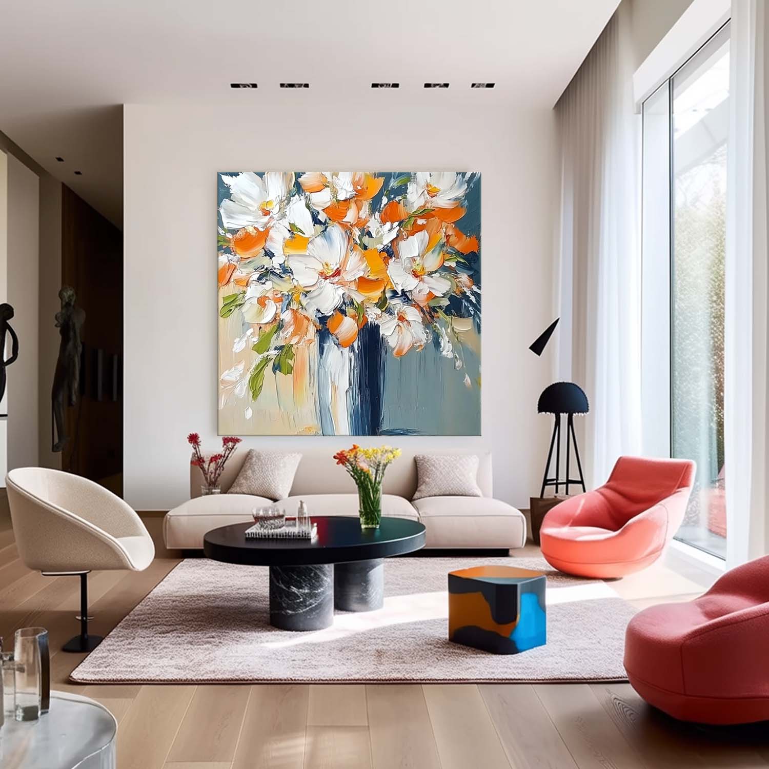 Vibrant Orange White Floral Bouquet Oil Painting