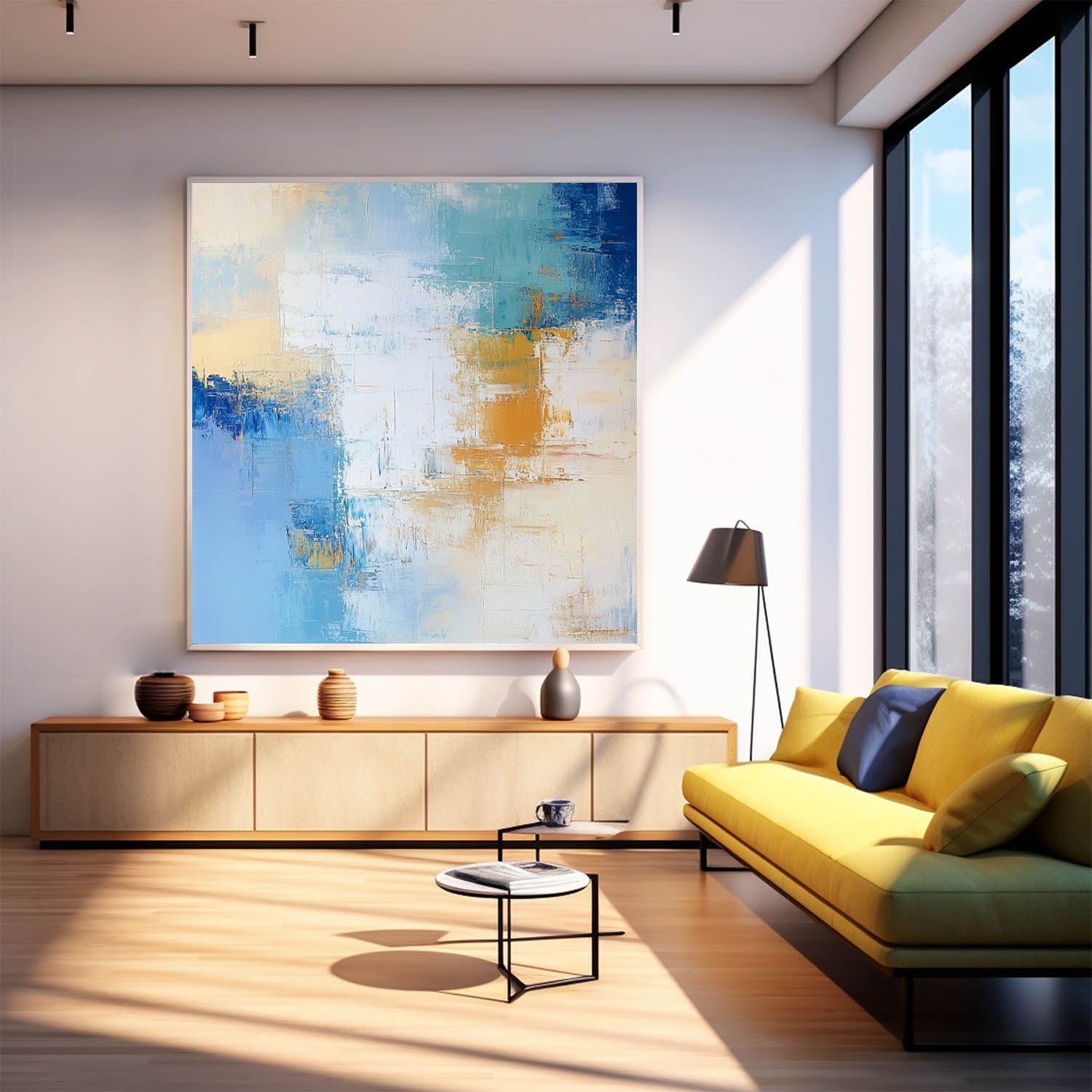 Coastal Abstract Oil Painting Blue Yellow