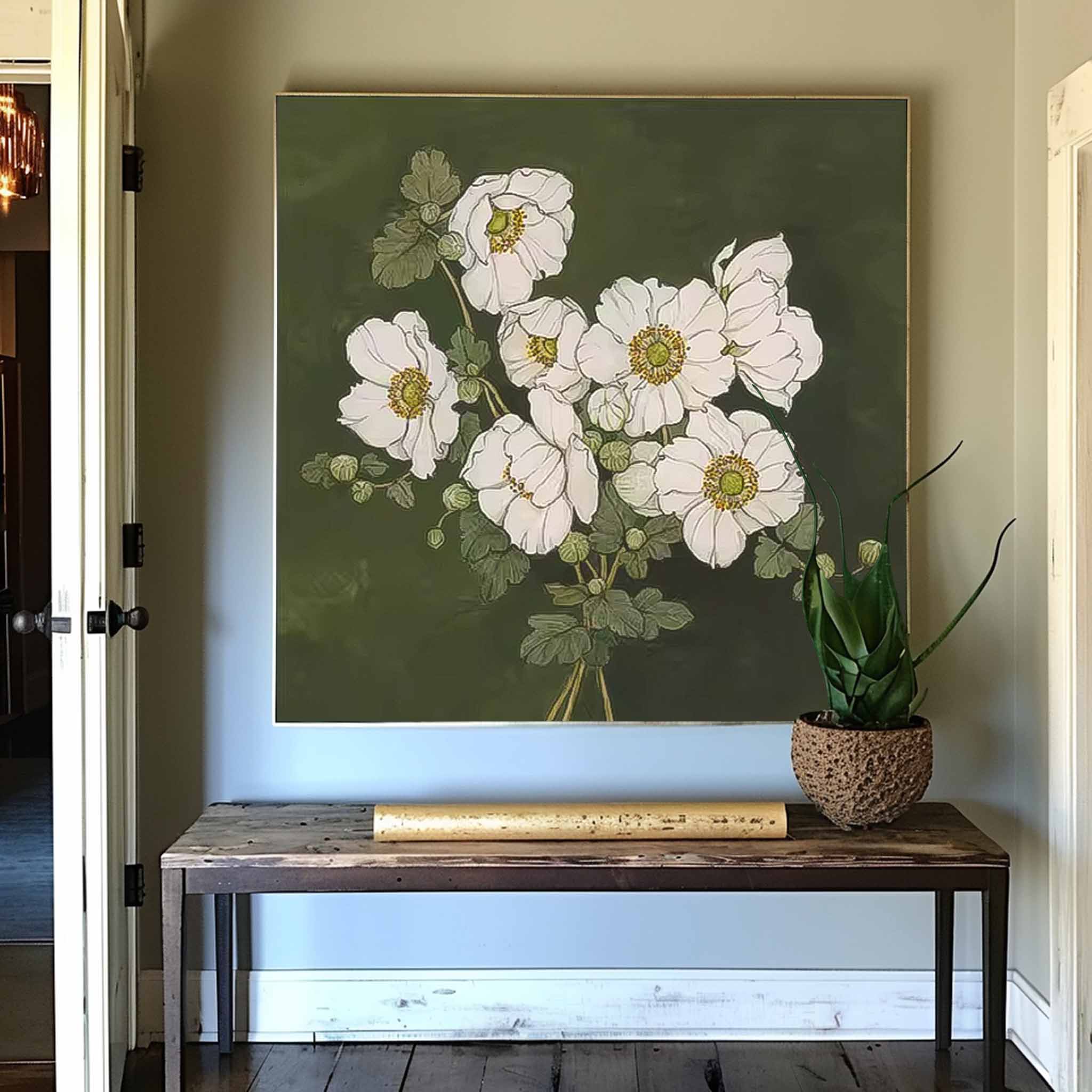 Moody Dark Green White Floral Wall Art