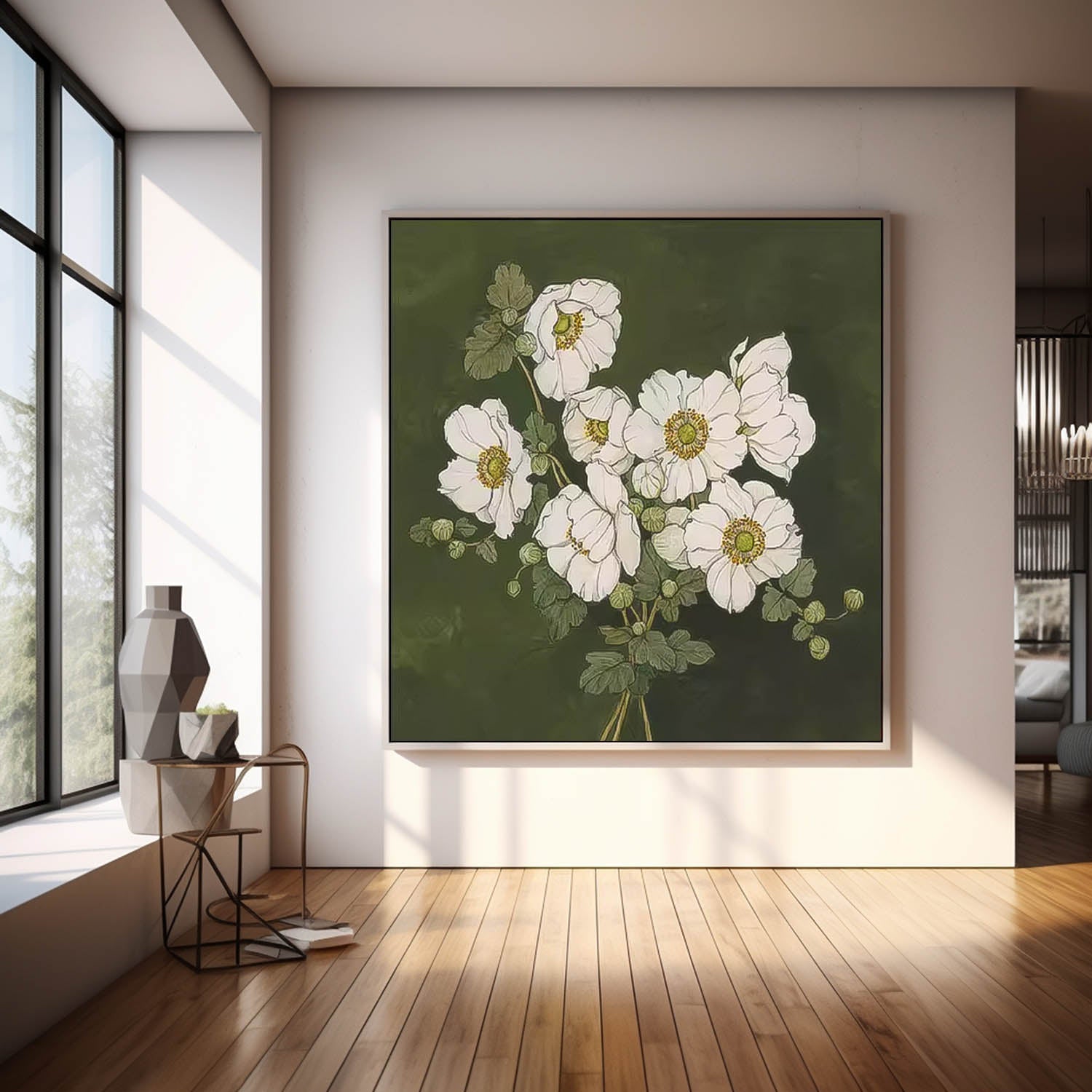 Moody Dark Green White Floral Wall Art