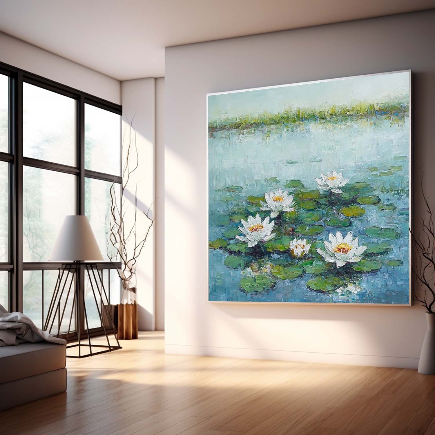 Impasto Water Lily Painting Serene Blue Green Wall Art