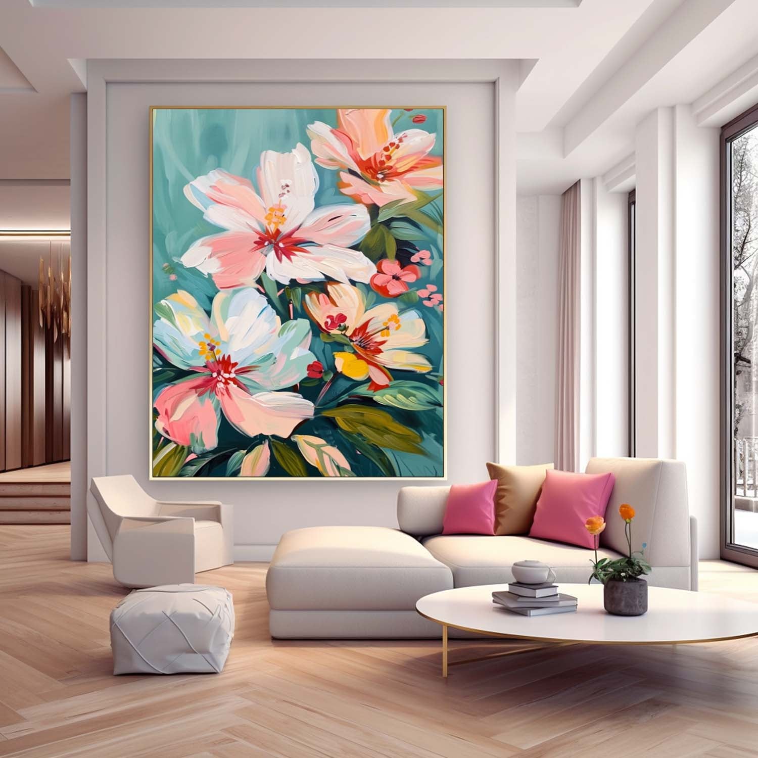 Pastel Floral Bouquet Oil Painting Teal Background