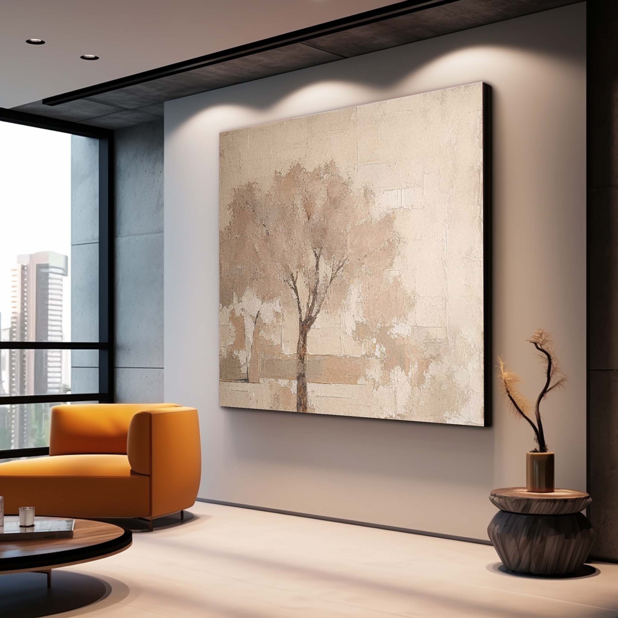 Neutral Beige Tree Abstract Canvas Wall Art