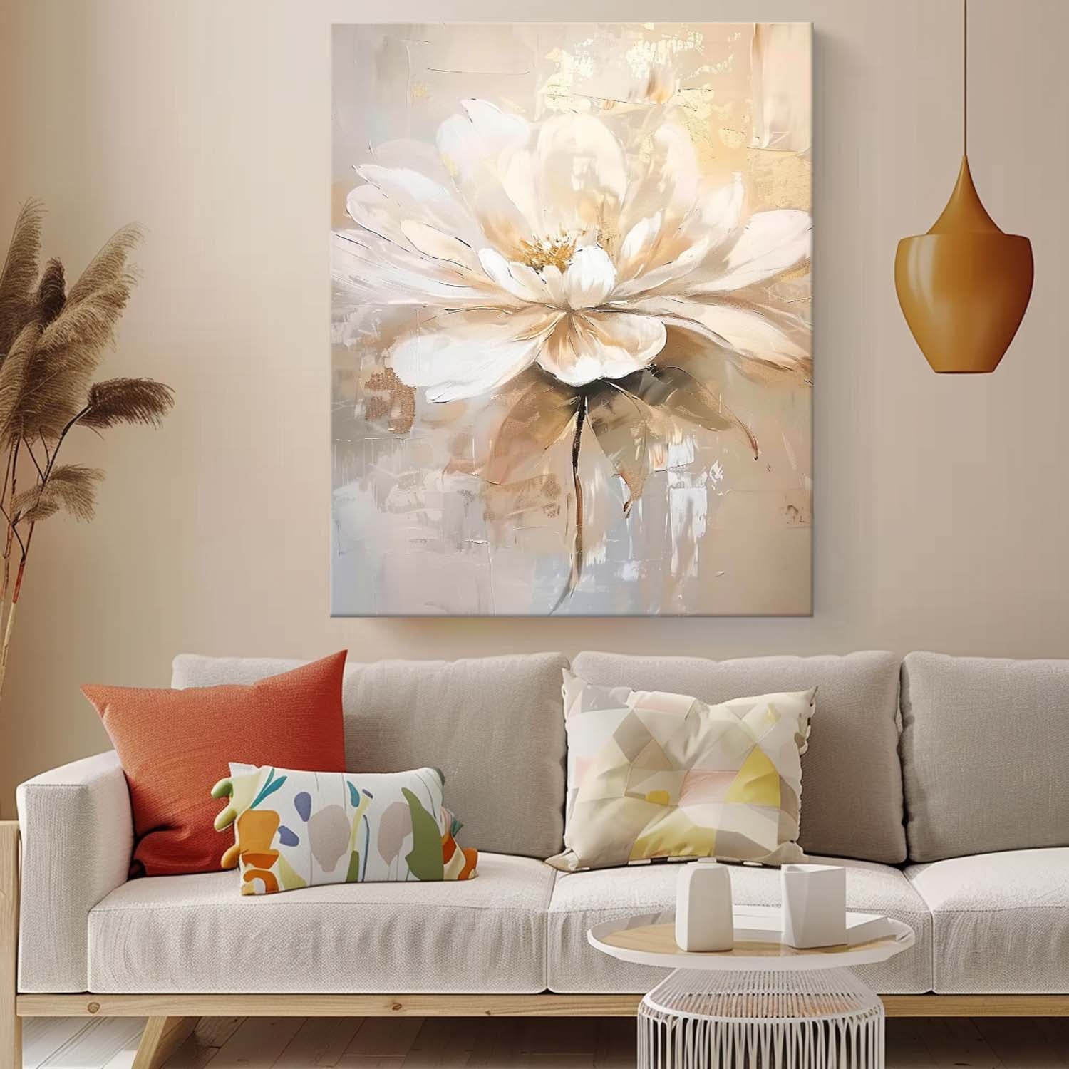 Elegant Neutral Floral Oil Painting Gold Accent