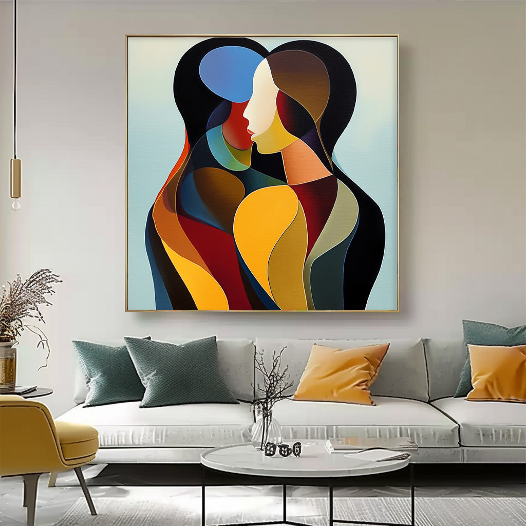 Intimate Color-Blocked Embrace Painting