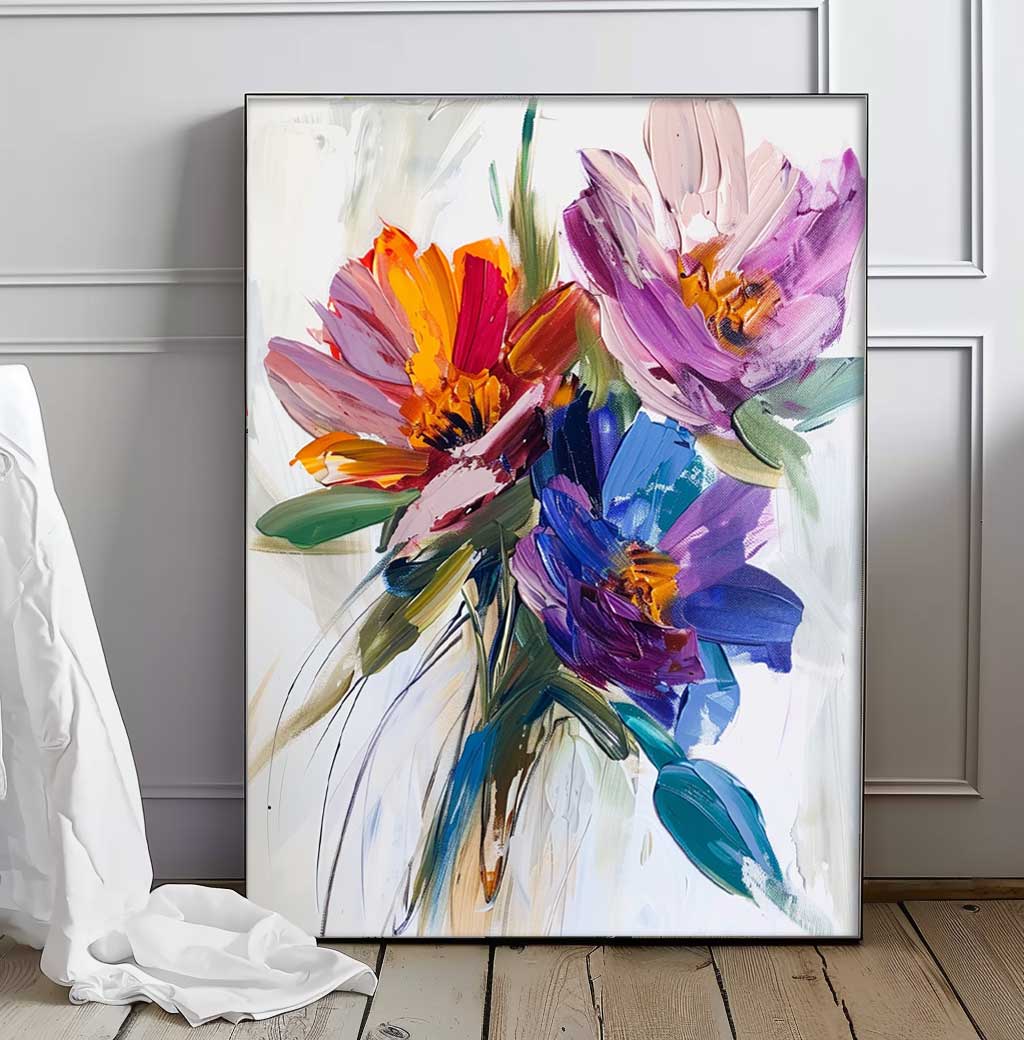 Vibrant Multicolor Floral Bouquet Impasto Canvas Wall Art