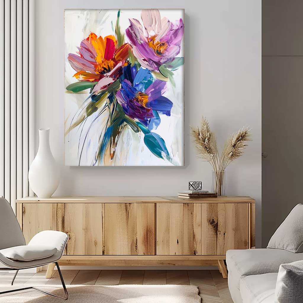 Vibrant Multicolor Floral Bouquet Impasto Canvas Wall Art
