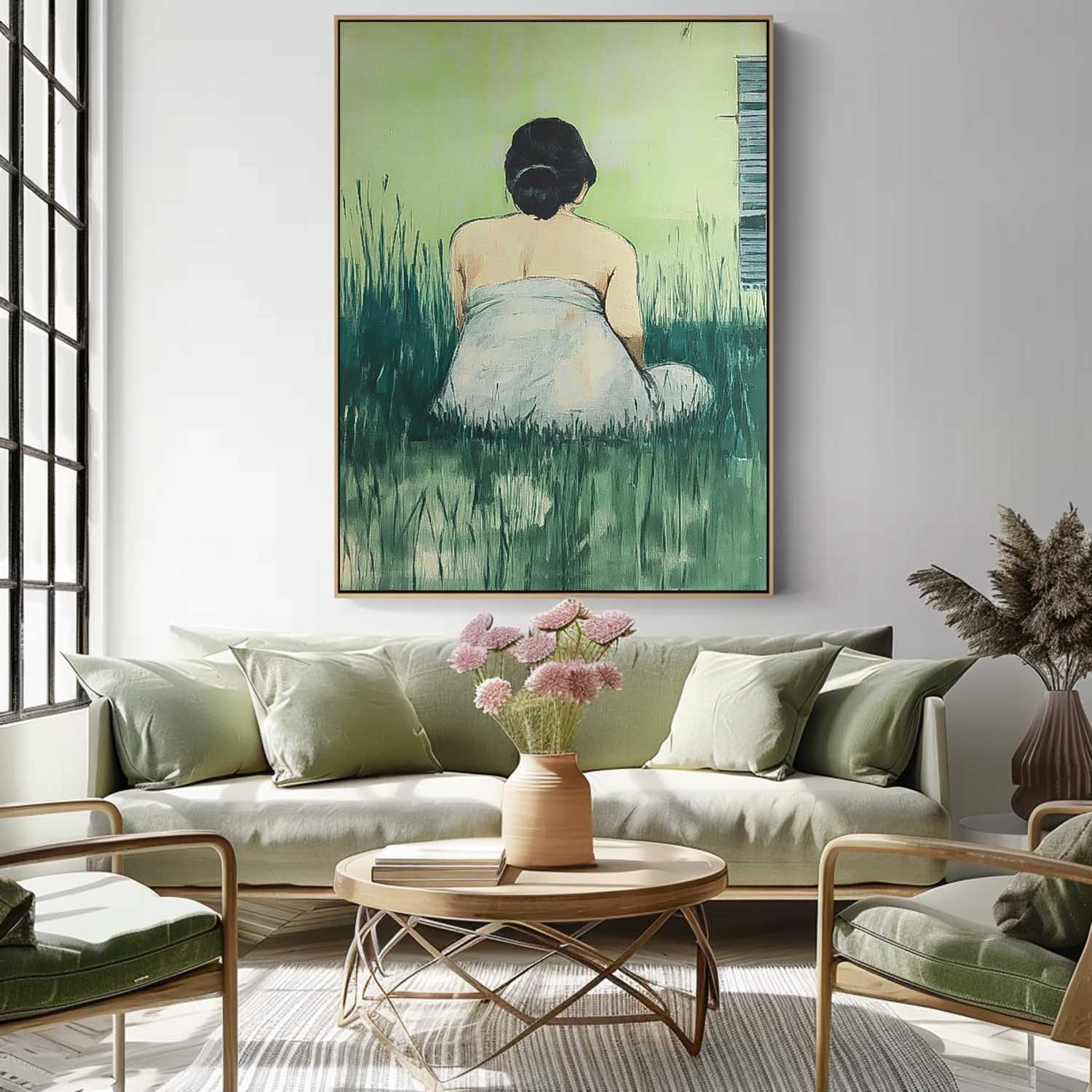 Serene Woman in Grass Minimalist Wall Decor