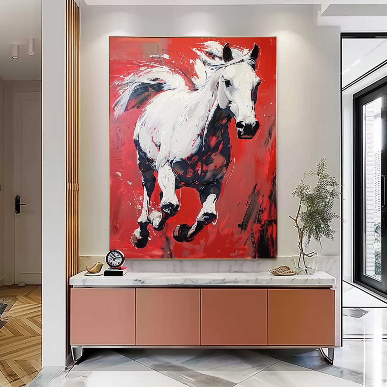 Dynamic White Horse Oil Painting Fiery Red