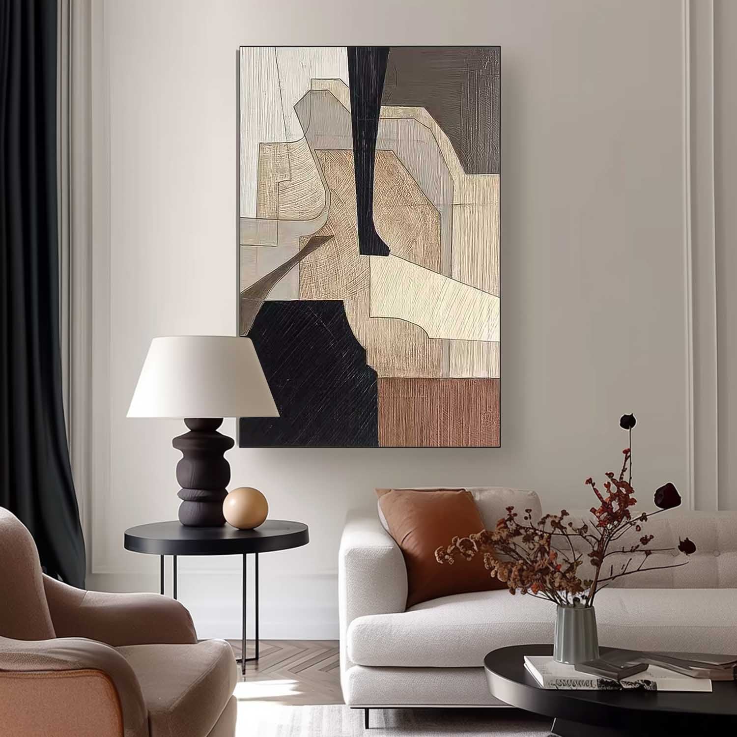 Neutral Brown Cubist Abstract Impasto Canvas Wall
