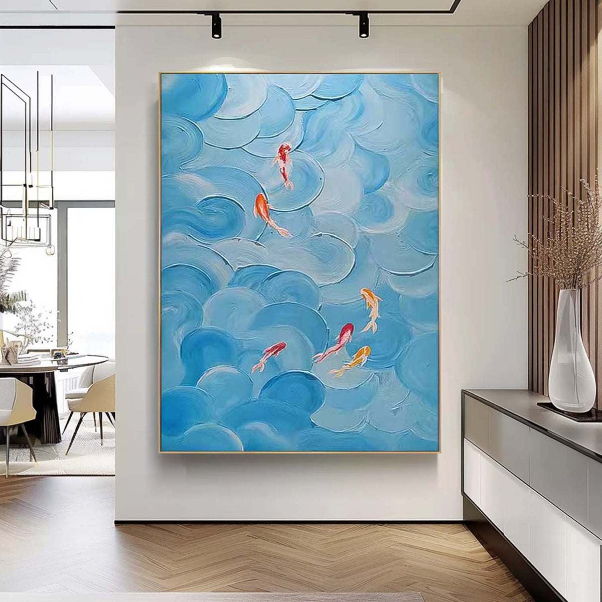 Blue Textured Koi Fish Wave Impasto Canvas Wall Art
