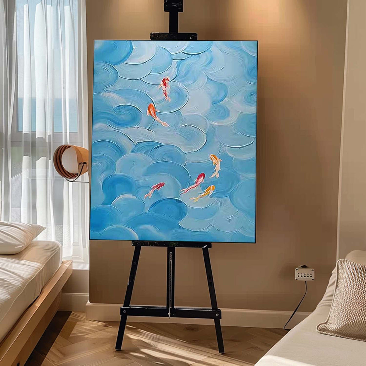 Blue Textured Koi Fish Wave Impasto Canvas Wall Art