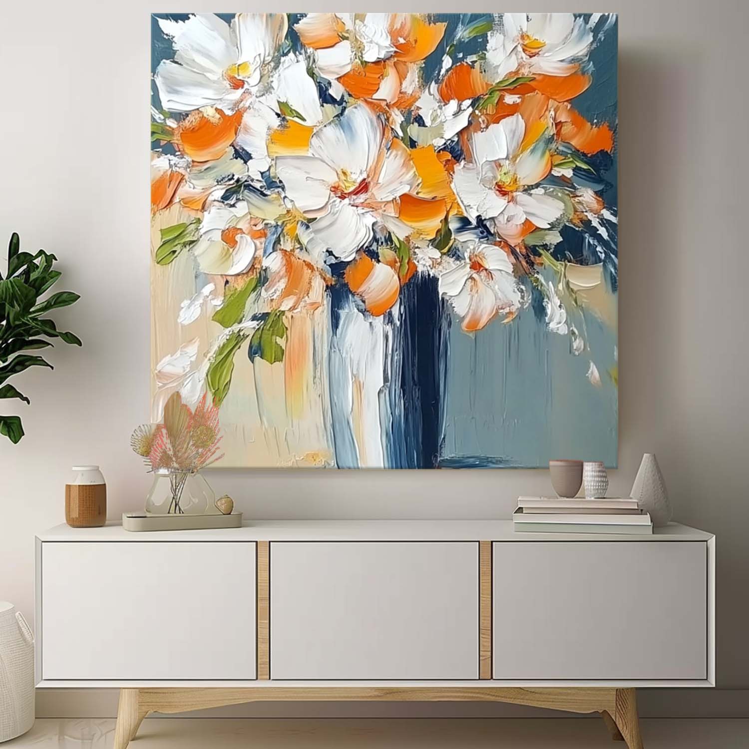 Vibrant Orange White Floral Bouquet Oil Painting