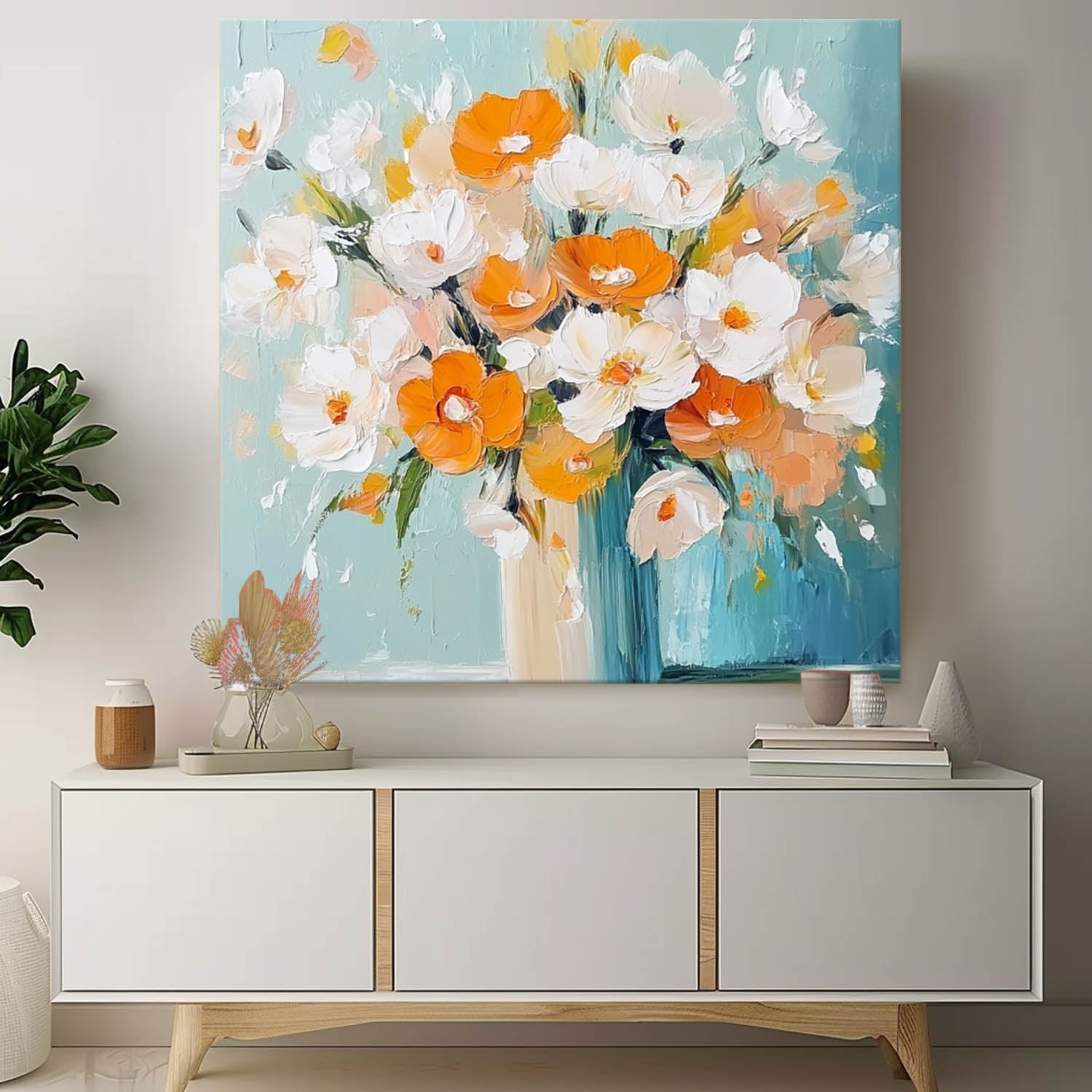 Bright Orange White Floral Bouquet Oil Painting