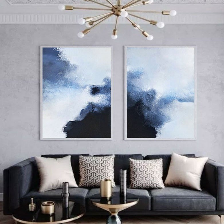 Navy‑Blue‑White Vertical Minimalist Diptych Abstract Textured Artwork