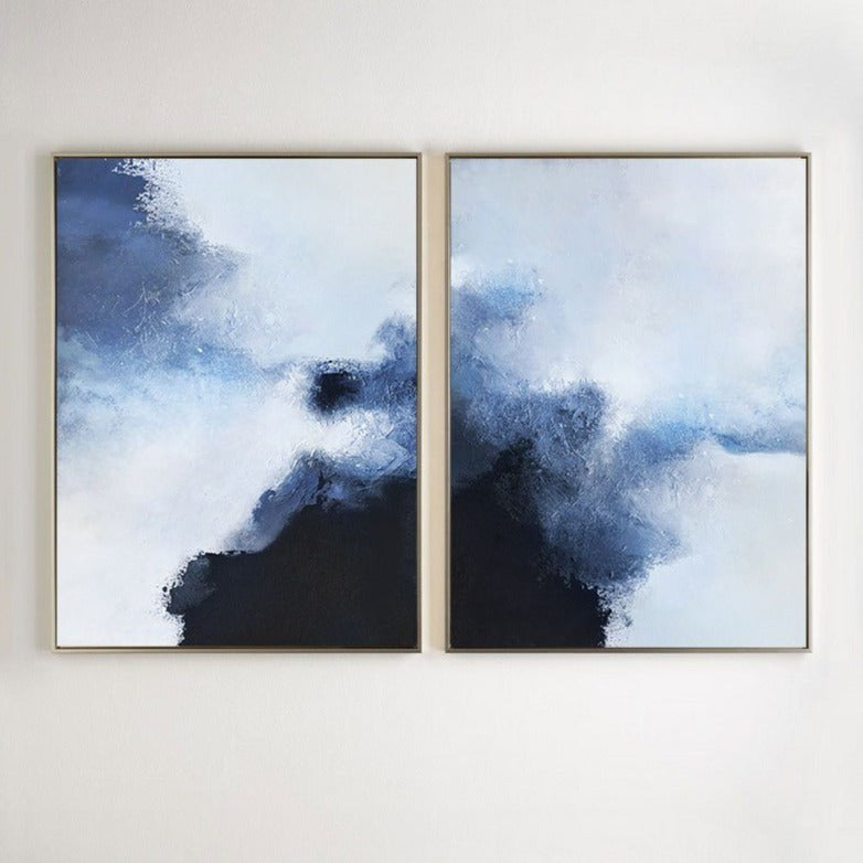 Navy‑Blue‑White Vertical Minimalist Diptych Abstract Textured Artwork