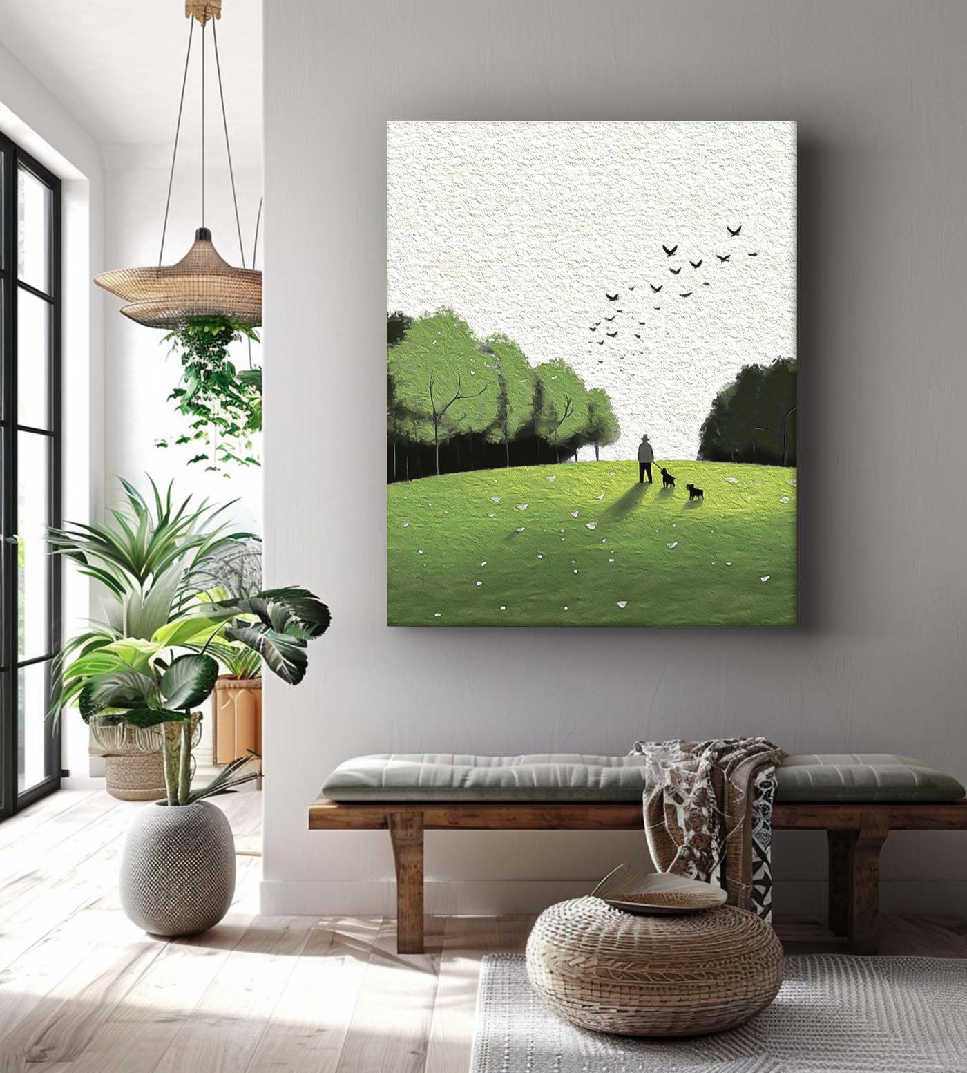 Serene Walk In The Park Textured Art Man Dogs