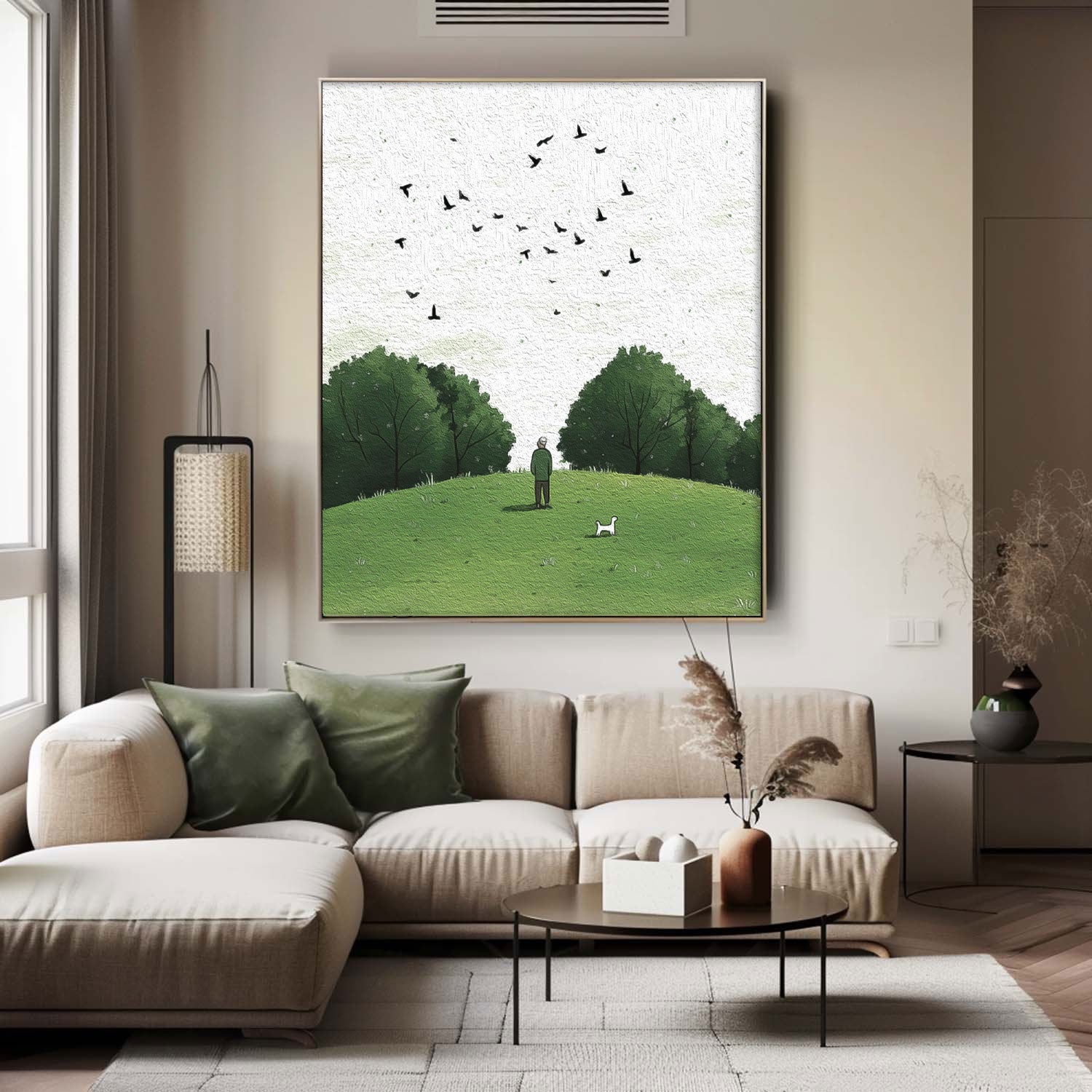Tranquil Hilltop Moment Textured Art Print Man With Dog