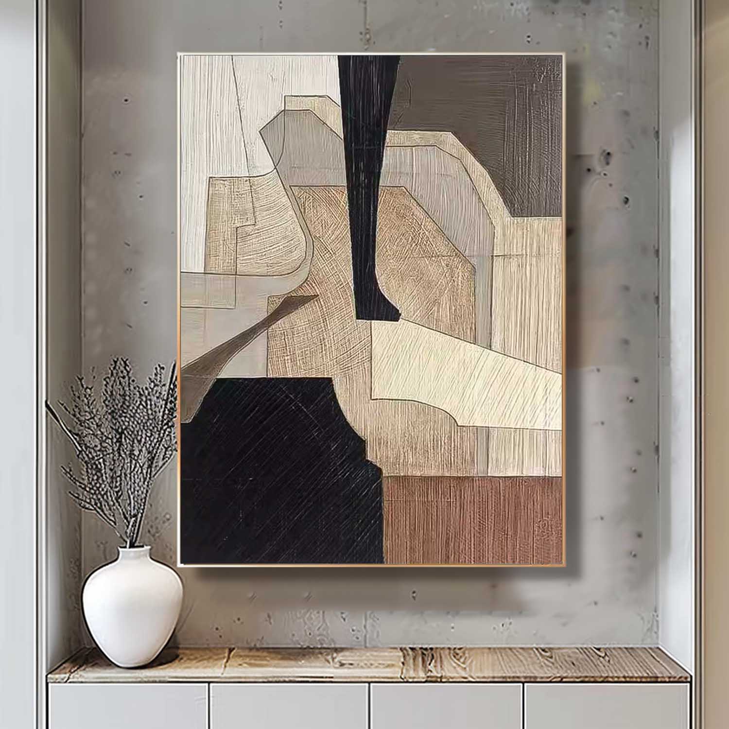 Neutral Brown Cubist Abstract Impasto Canvas Wall