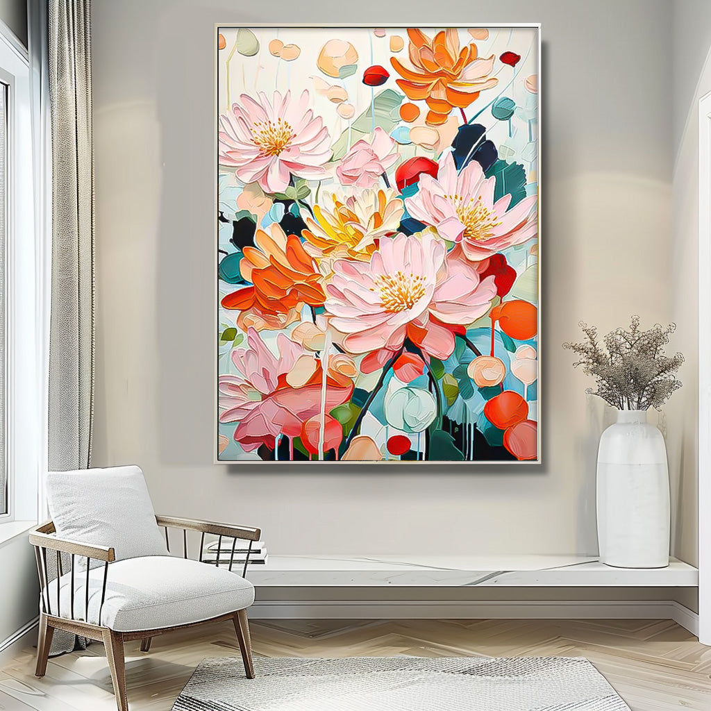 Vibrant Pink Orange Lotus Floral Impasto Canvas Wall Art