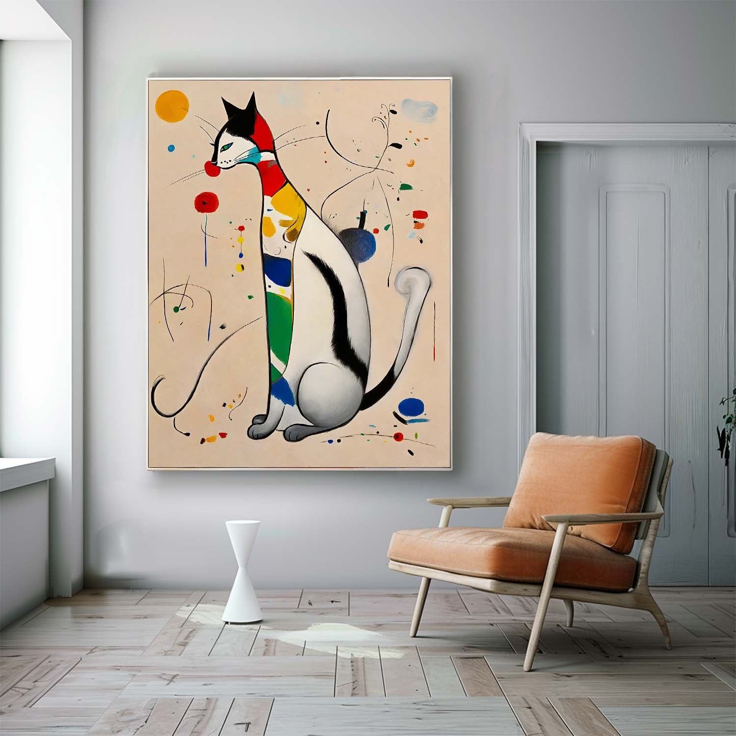 Surrealist Cat Painting Vibrant Rainbow Wall Art