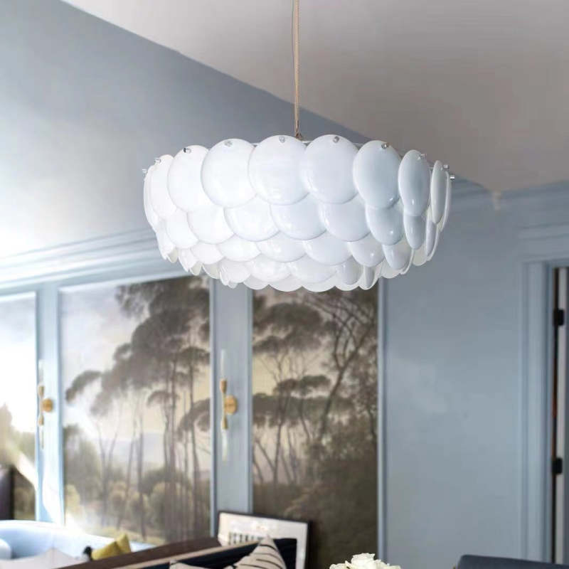 Arisha Wihte Art Deco Chandelier Light Fixture, Ceramic Leaf & Metal - Neutralighting