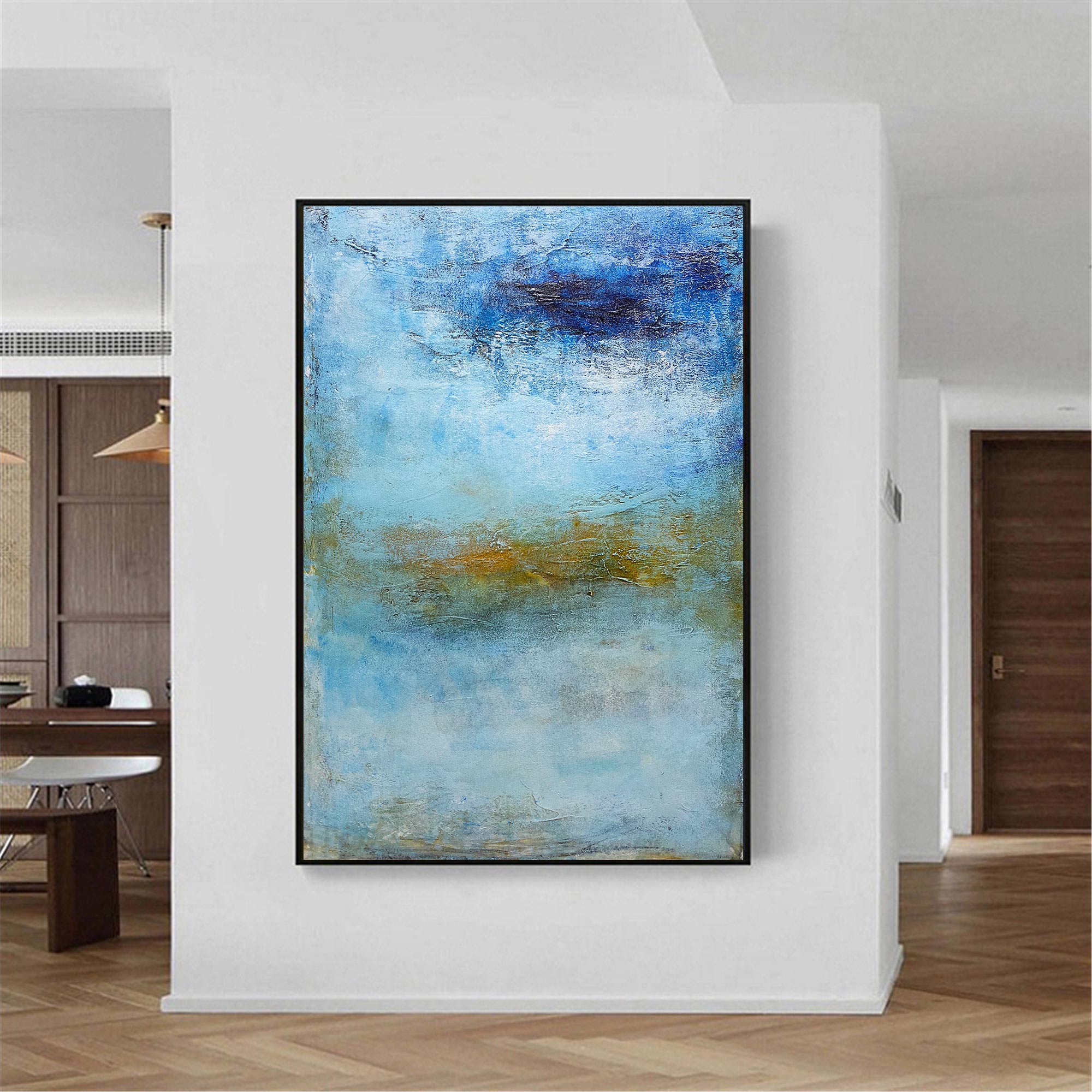 Seascape Blue Gold White Coastal Abstract Oil Painting on Linen Canvas