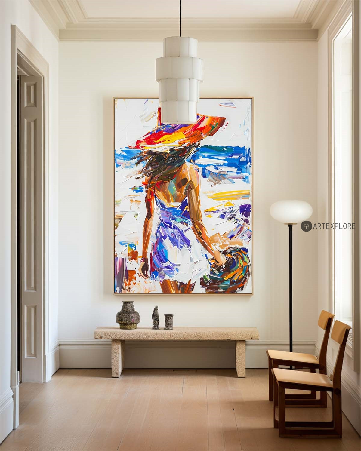 Colorful Hat Woman Beach Oil Painting