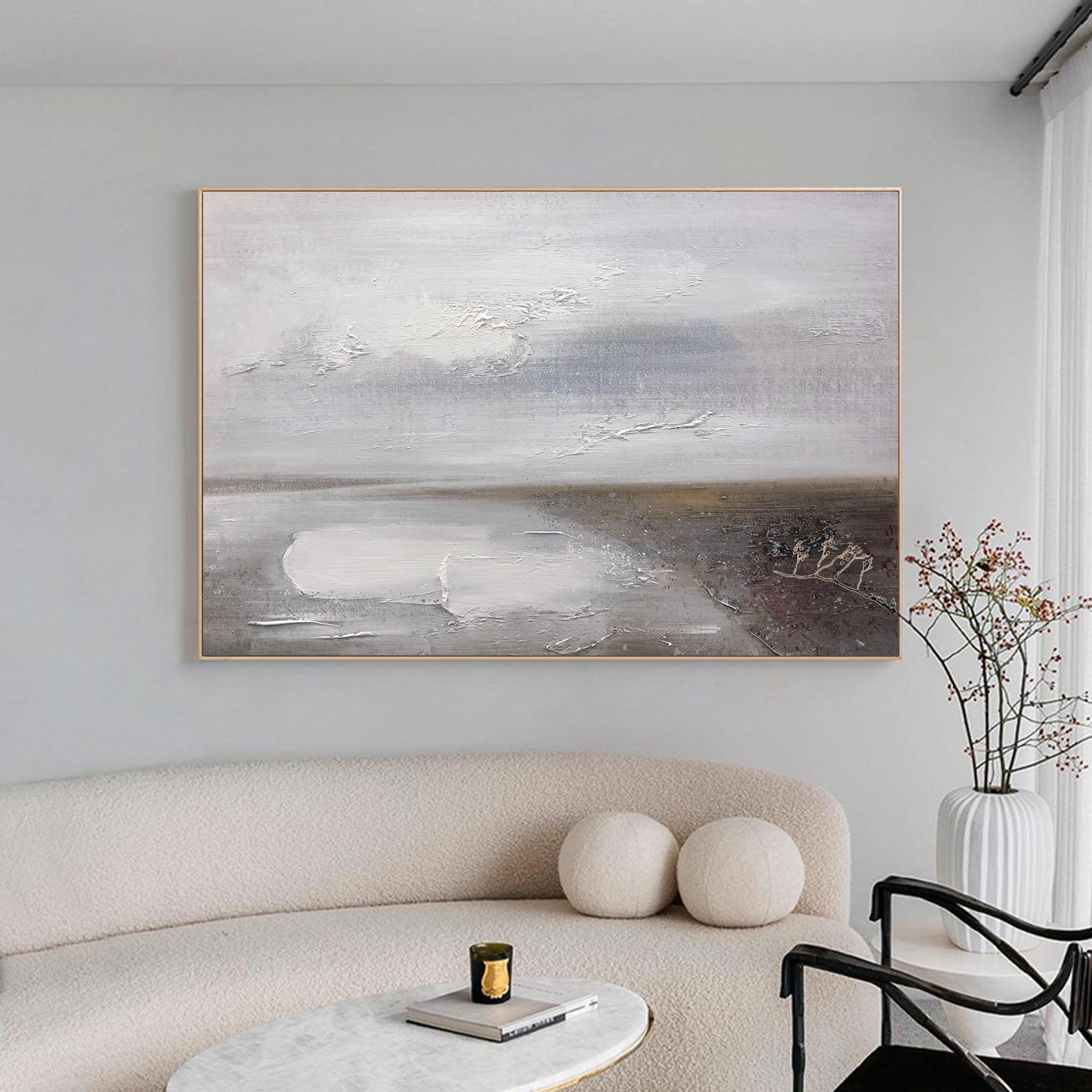 Grey‑Silver Horizontal Muted‑Seascape Impasto‑Textured Artwork