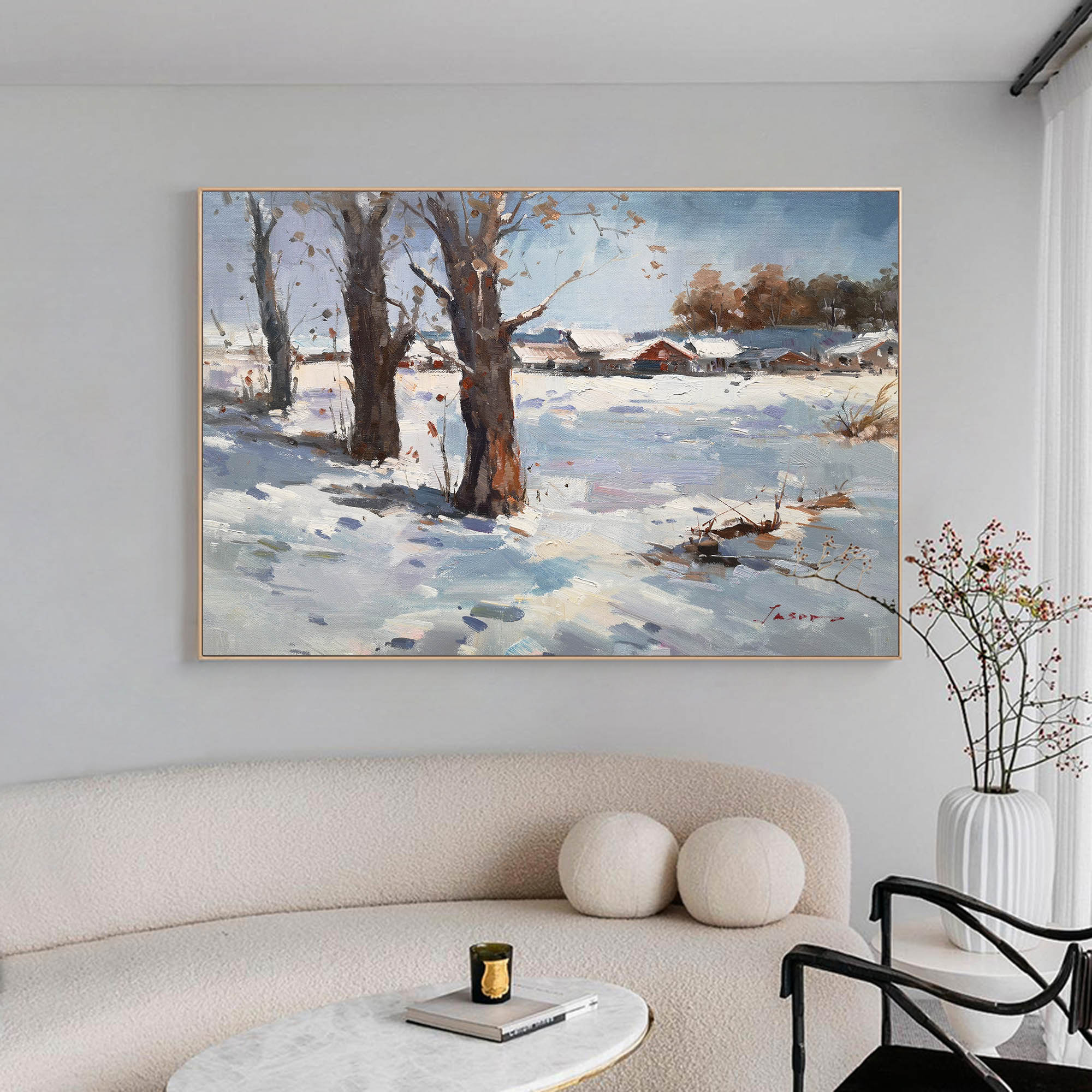Rustic Snowy Village Winter Landscape Canvas Wall Art