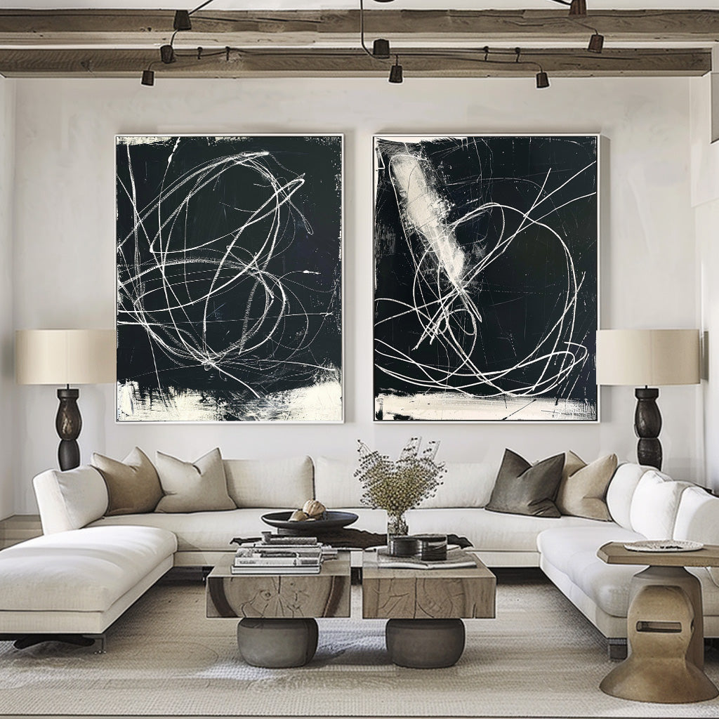 Black White Scribble Diptych Canvas Wall Art