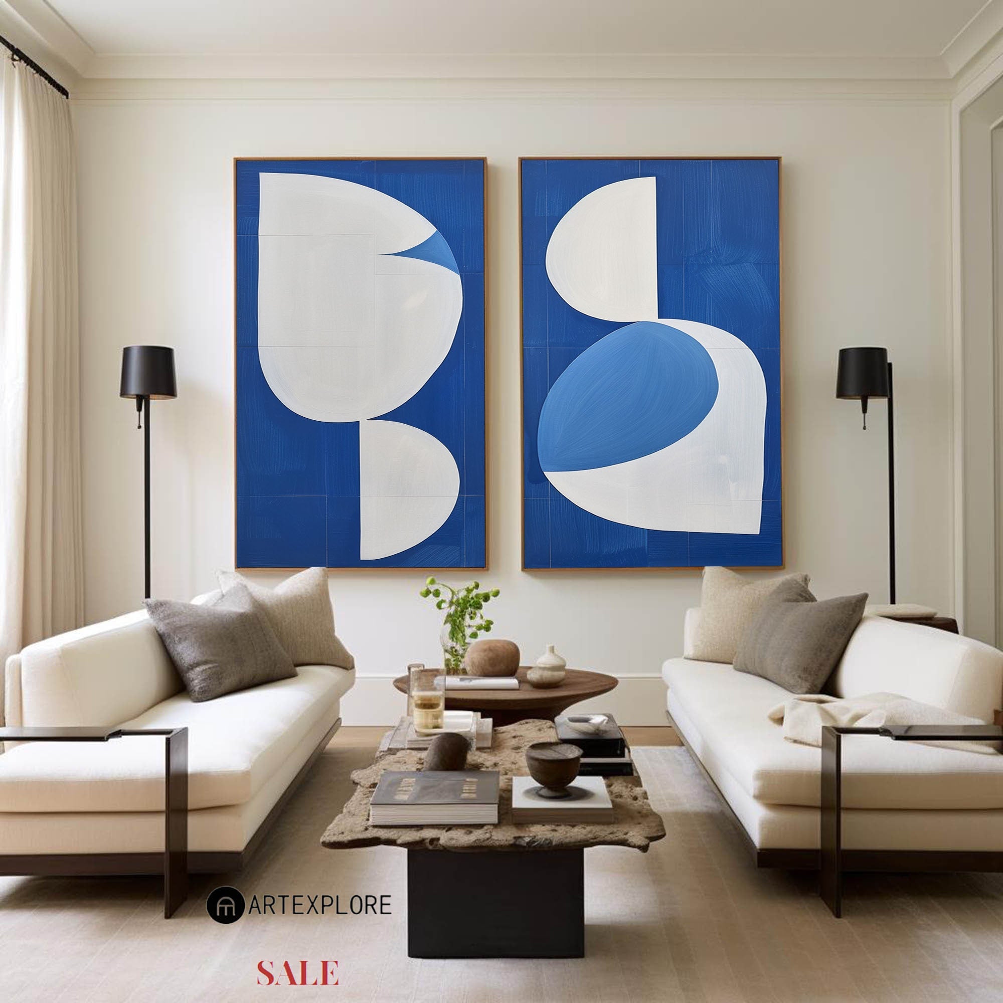 Diptych Blue Abstract Geometric Painting