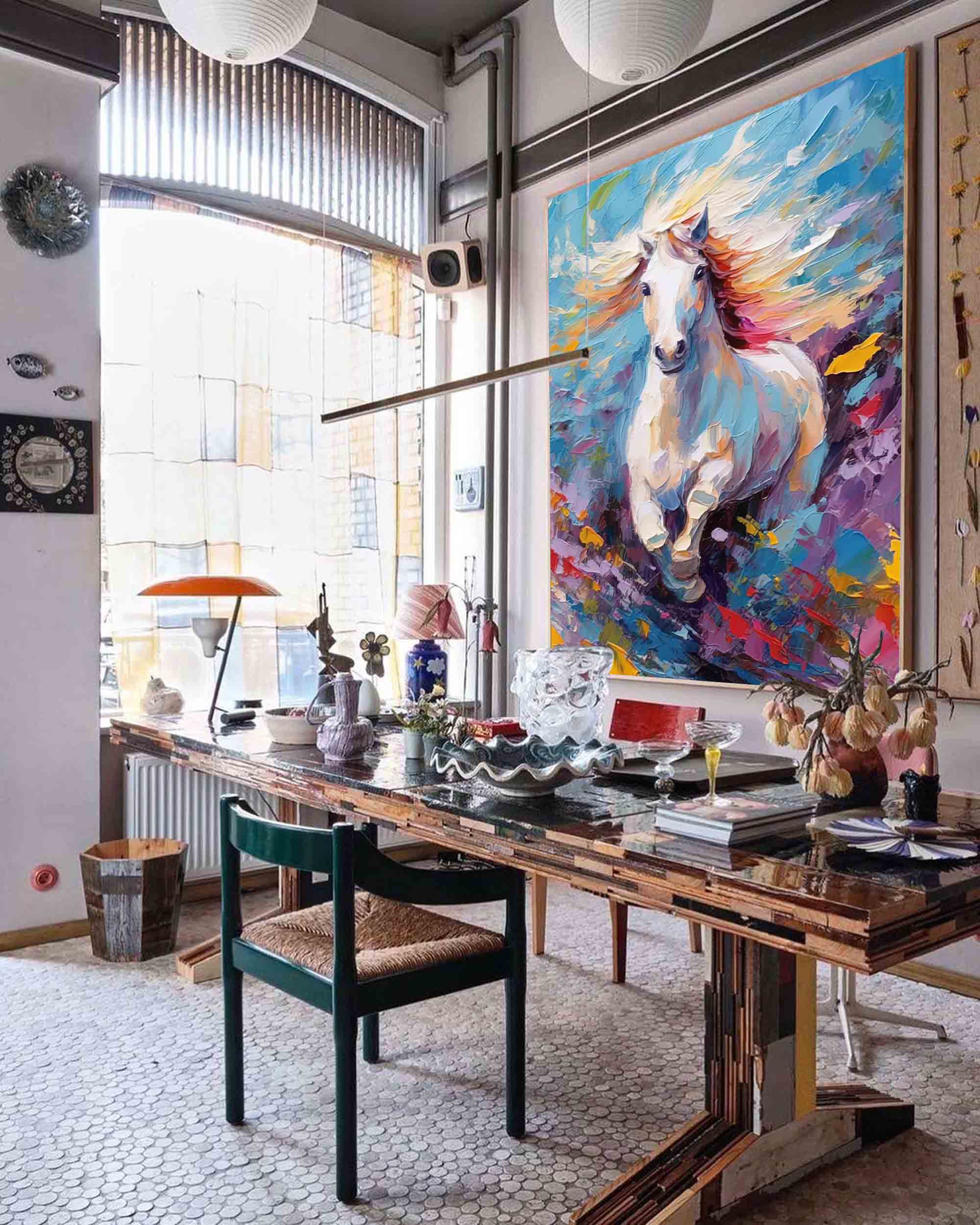 Wall Art White Galloping Horse Colorful Wild Meadow