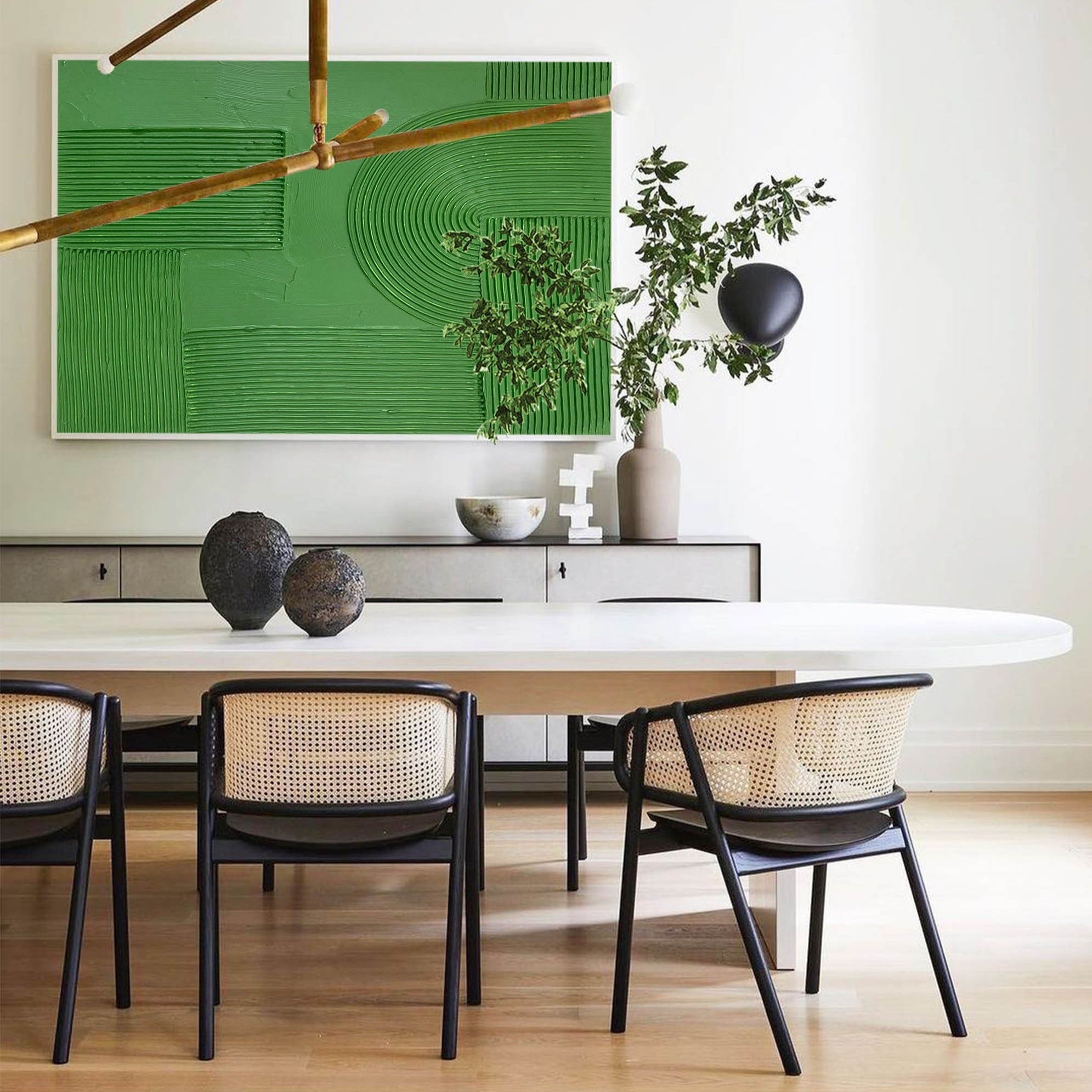 Solid‑Green Geometric Abstract Ridged Heavy Textured Artwork