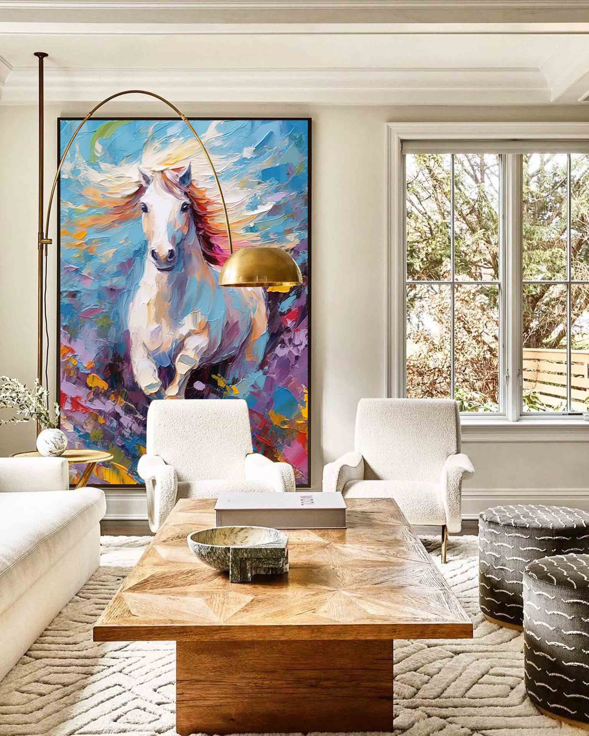 Wall Art White Galloping Horse Colorful Wild Meadow