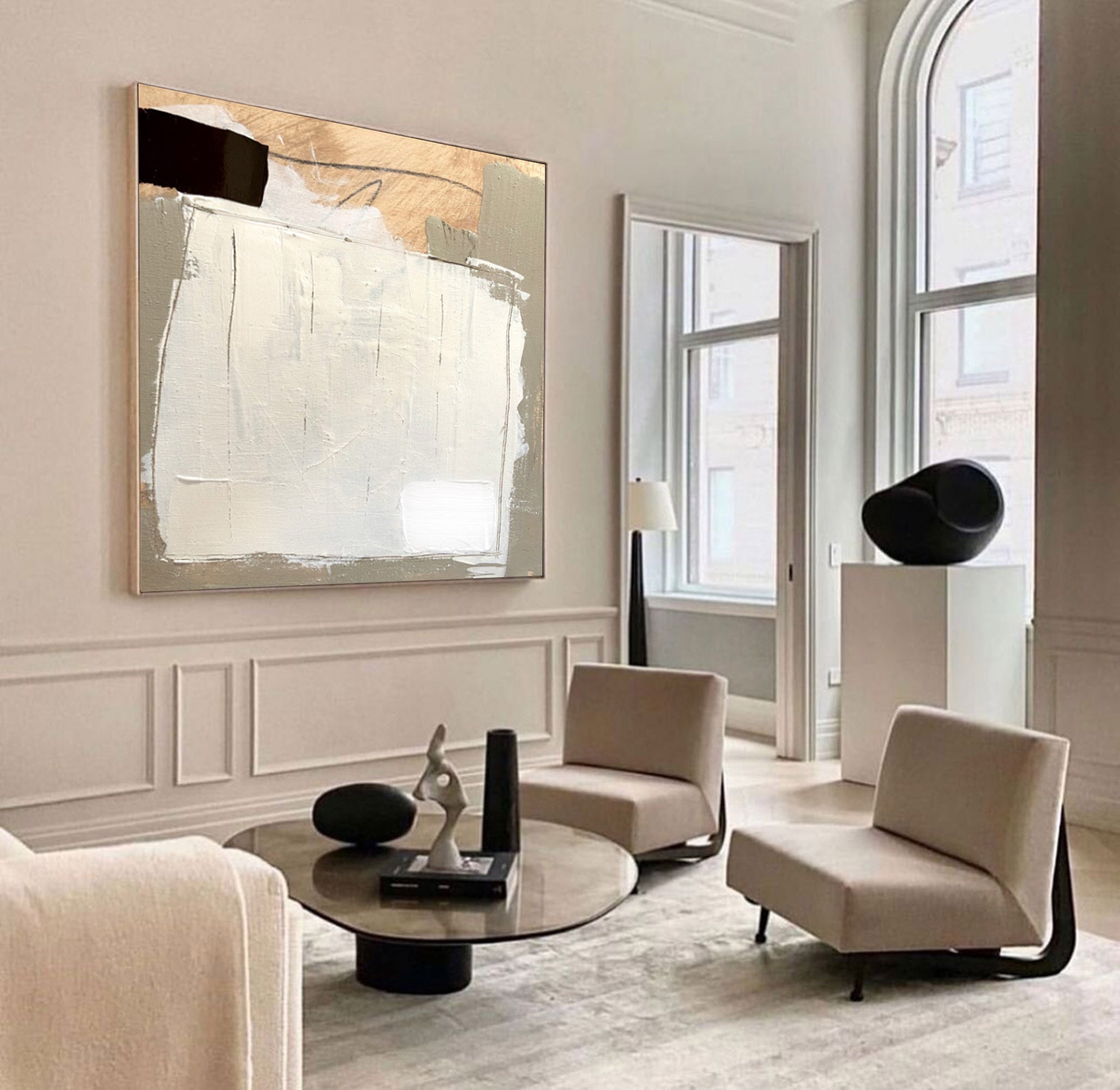 White‑Gold‑Grey Square Layer‑Collage Impasto‑Textured Artwork