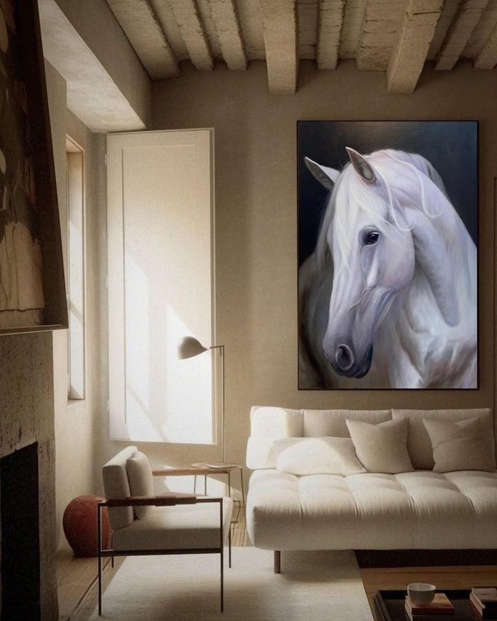 White Horse Portrait Oil Painting Wall Art