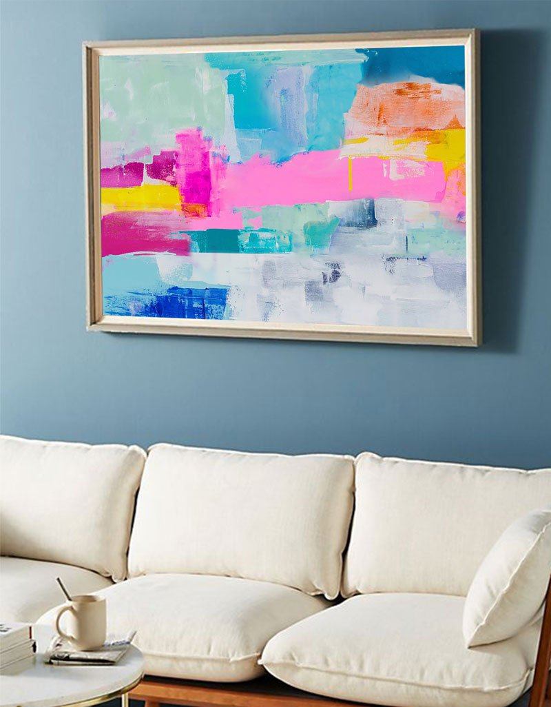 Pink‑Teal‑Yellow‑Blue Horizontal Bold Geometric Abstract Textured Artwork