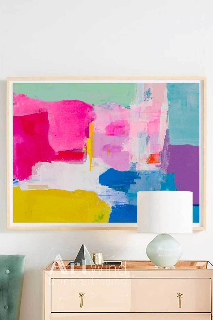 Hot‑Pink‑Yellow‑Purple‑Teal Horizontal Vibrant Geometric Abstract Textured Artwork
