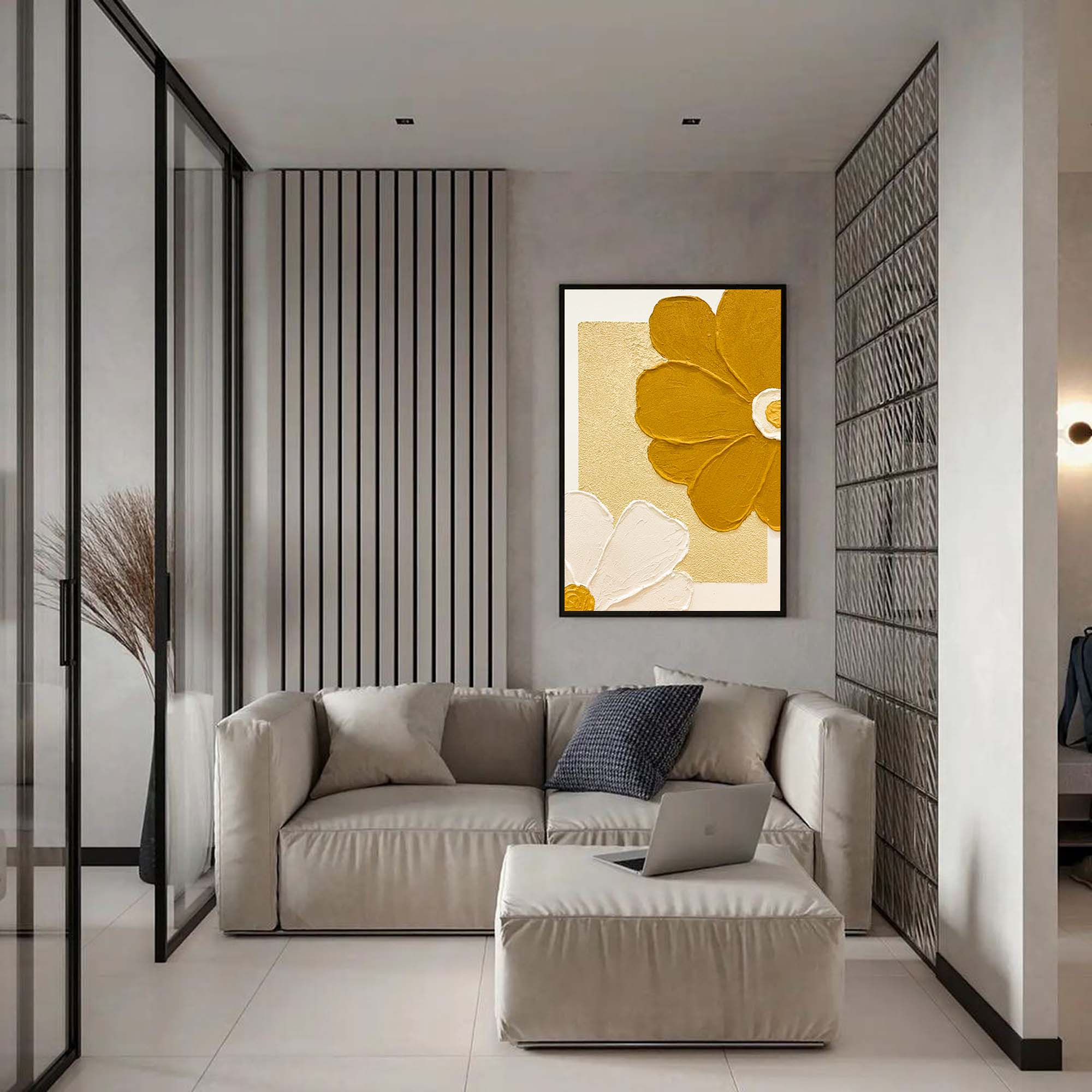 Wall Art Golden Yellow White Daisy Geometric
