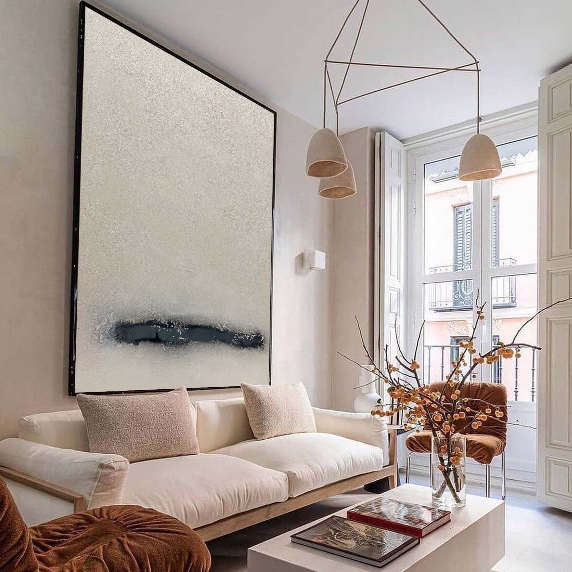 Beige‑Charcoal Vertical Streak‑Band Impasto‑Textured Artwork
