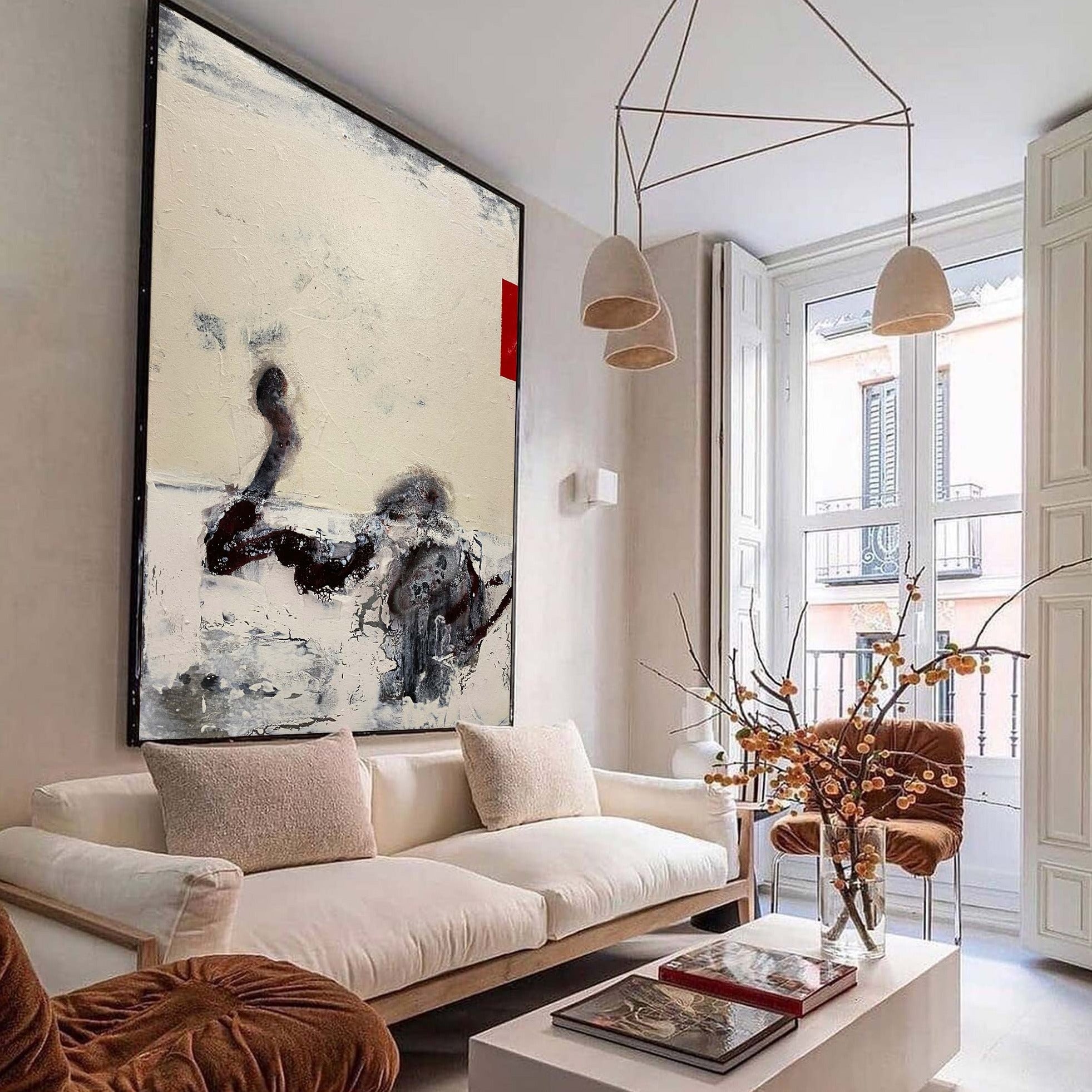 Abstract Beige Black Red Splash Stroke Painting